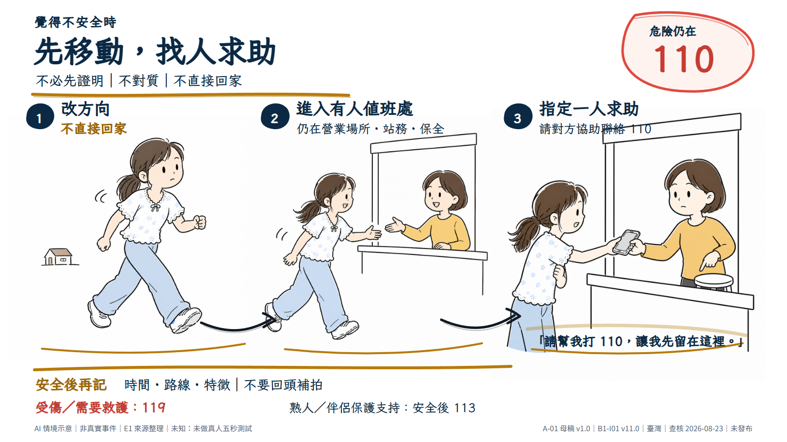 覺得不安全時，先改方向、不直接回家，往有人值班處移動並指定一位工作人員求助；危險仍在撥 110，受傷或需要救護撥 119。