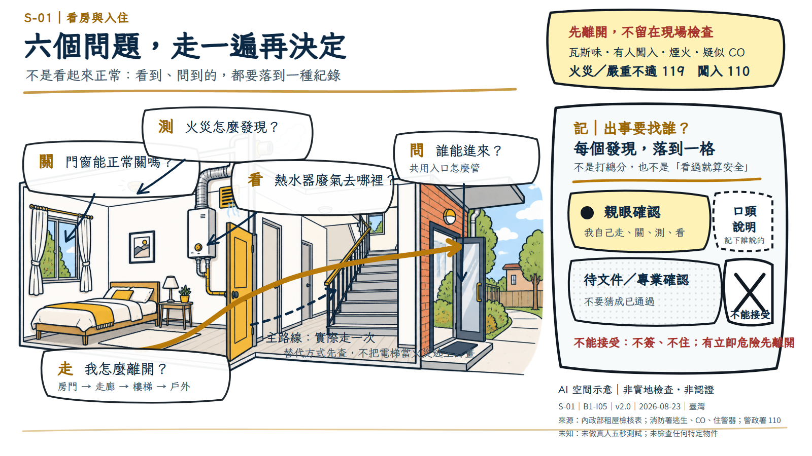 租屋看房安全圖：沿房間到戶外檢查離開、進入、門窗、火災發現、熱水器排氣與緊急聯絡，再分成四種確認狀態。
