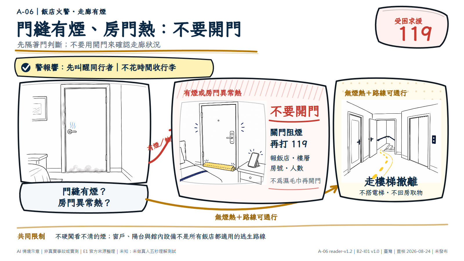 飯店火警兩路判斷圖。警報響先叫醒同行者，不收行李。隔著關閉的房門看門縫是否有煙、房門是否異常熱；若有煙或異常熱，不要開門，關門阻煙並打 119，報飯店、樓層、房號與人數，也不要為找濕毛巾再開門。若門外與逃生路線沒有煙熱且可通行，離房隨手關門，走樓梯撤離，不搭電梯、不回房取物。不要硬闖看不清的煙。圖中場景為 AI 情境示意，不是真實事故或飯店實測。