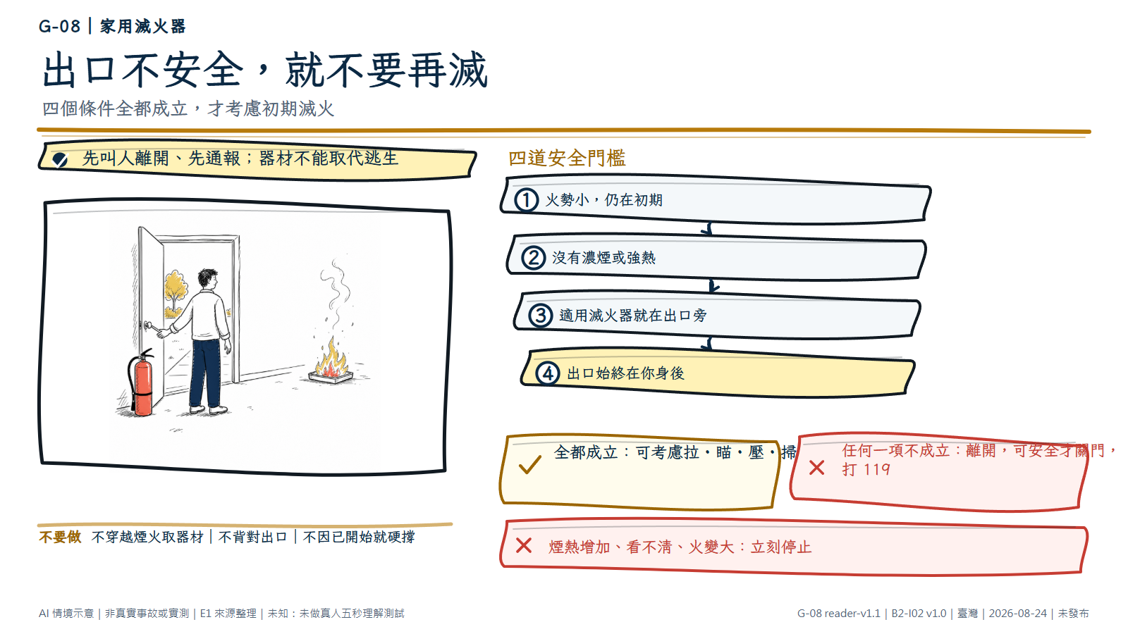 手繪決策圖以出口在身後的人與小型初期火勢為主場景，右側依序列出四道門檻：火勢仍小、沒有濃煙強熱、適用滅火器就在出口旁、出口始終在身後。四項全都成立才考慮拉瞄壓掃；任何一項不成立或煙熱增加就離開、可安全才關門並打 119。圖為 AI 情境示意，不是真實事故、商品推薦或實測。