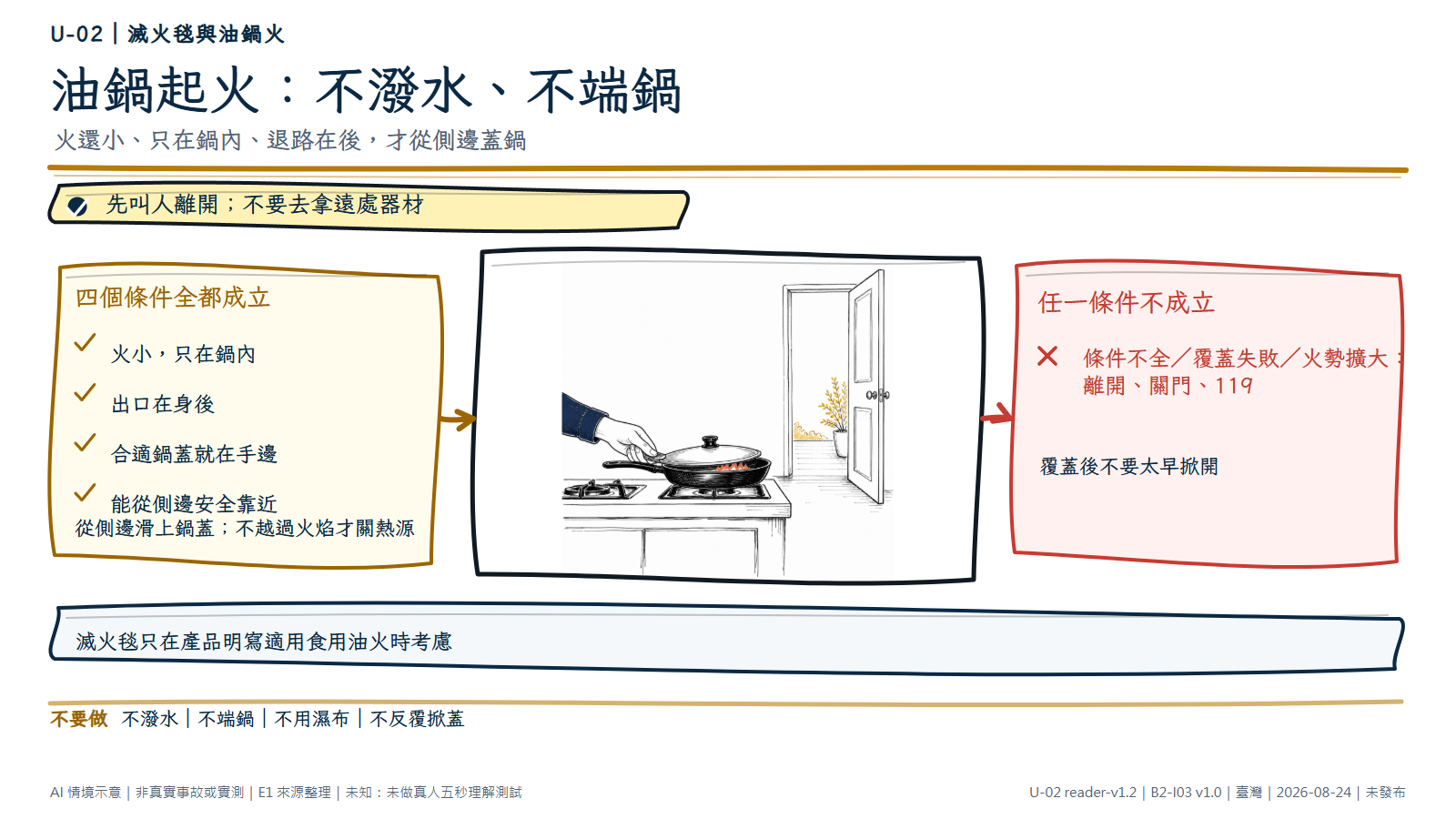 白底手繪圖顯示手從油鍋側邊把合適鍋蓋水平滑上，門口退路保持暢通。圖旁列出只有火小且只在鍋內、出口在身後、鍋蓋就在手邊並能安全靠近時才覆蓋；任何條件不全、覆蓋失敗或火勢擴大就離開、關門並打 119。並提醒不潑水、不端鍋、不用濕布、不反覆掀蓋；滅火毯只依產品標示條件使用。