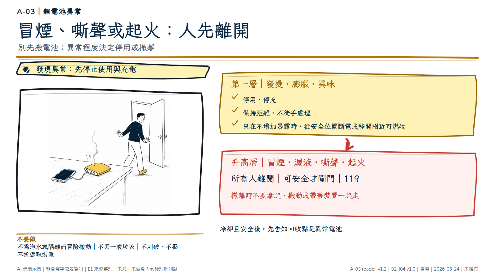 手繪分流圖顯示桌上膨脹冒煙的行動電源保持原位，人物雙手遠離並退向門口。發燙、膨脹或異味時先停用停充並保持距離，只在不增加暴露時才從安全位置斷電或移開附近可燃物；冒煙、漏液、嘶聲或起火則所有人離開、可安全才關門並打 119，撤離時不要帶著裝置走。不要為泡水或隔離而冒險搬動；冷卻後回收前要先告知是異常電池。