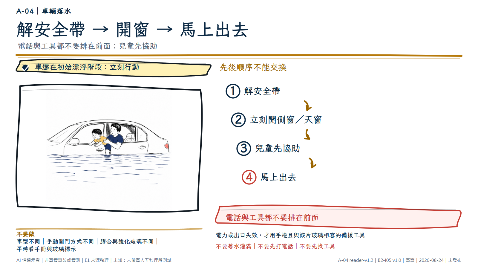 手繪順序圖以剛進水、仍漂浮的車輛為主場景，側窗已完全打開，一名成人正先協助兒童由側窗出去。大字步驟依序為解安全帶、立刻開側窗或天窗、兒童先協助、馬上出去。電話與工具不排在前面；只有電力或出口失效時，才使用手邊且與該片玻璃相容的備援工具。