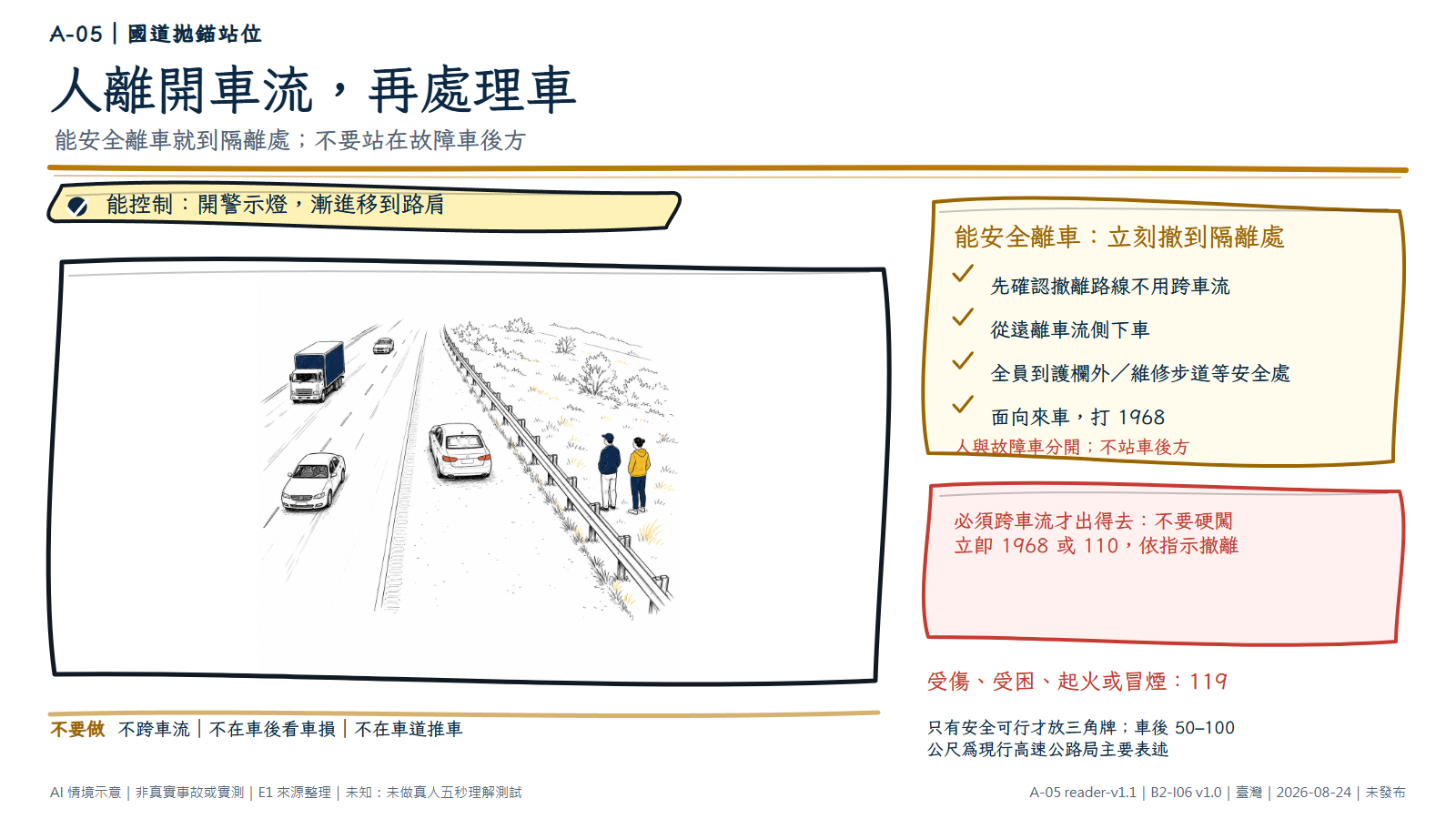 俯視手繪空間圖顯示移動車流在左、故障車完整停在路肩、護欄形成實體分隔，兩人已站在護欄外並面向來車。能不跨車流安全離車時，從遠離車流側下車，全員到護欄外、隧道維修步道或其他安全處並打 1968；若當下必須跨車流才出得去，不要硬闖，立即打 1968 或 110 並依指示撤離。受傷、受困、起火或冒煙打 119。