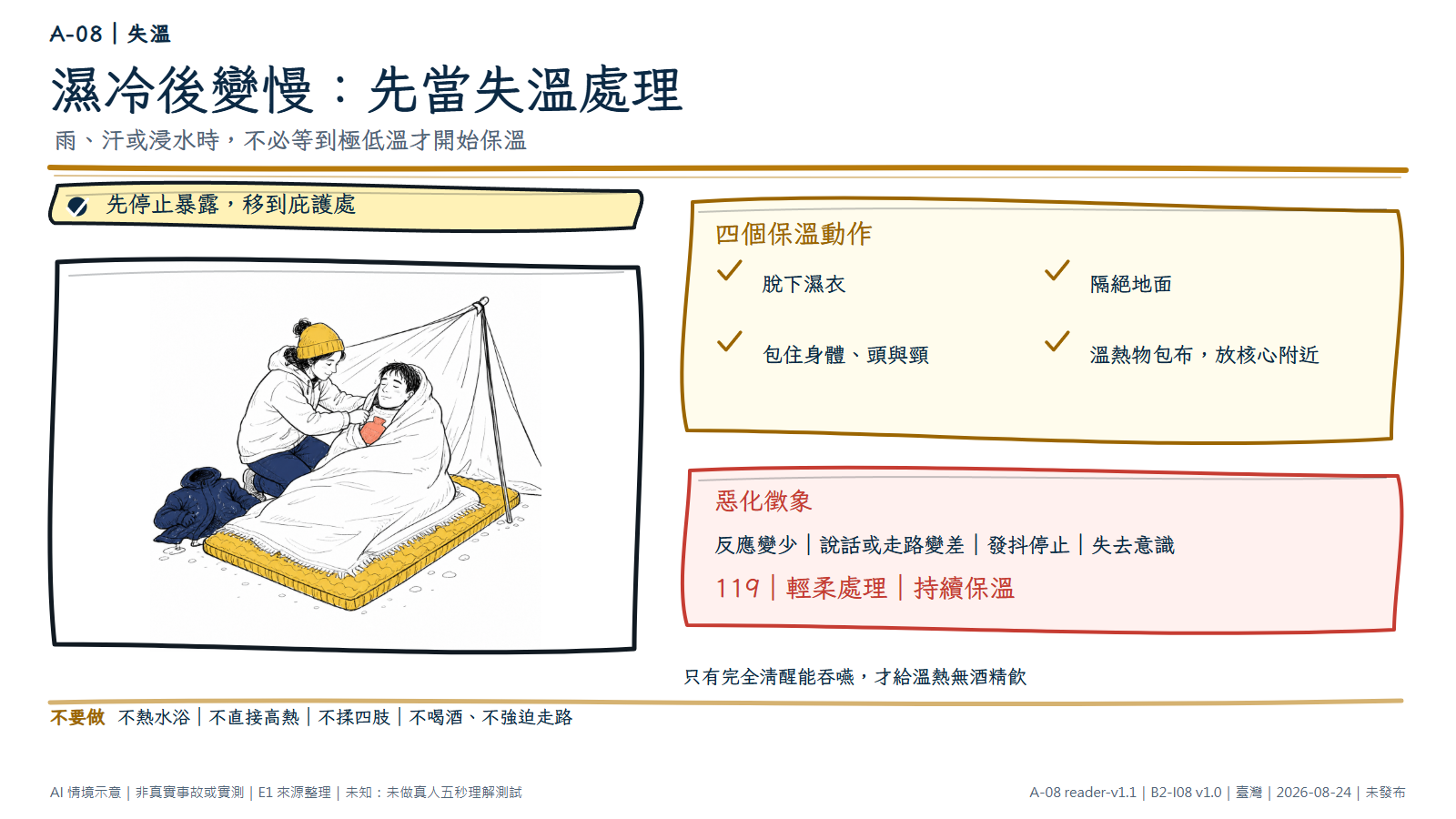 手繪分層圖顯示濕冷者已到遮蔽處，躺在隔熱墊上，濕外套放在旁邊，協助者用乾毯包住身體與頭頸，並把包布溫熱物放在核心附近。四個動作是脫濕衣、隔絕地面、包住身體頭頸、溫熱物包布放核心附近。若反應變少、說話或走路變差、發抖停止或失去意識，打 119、輕柔處理並持續保溫。