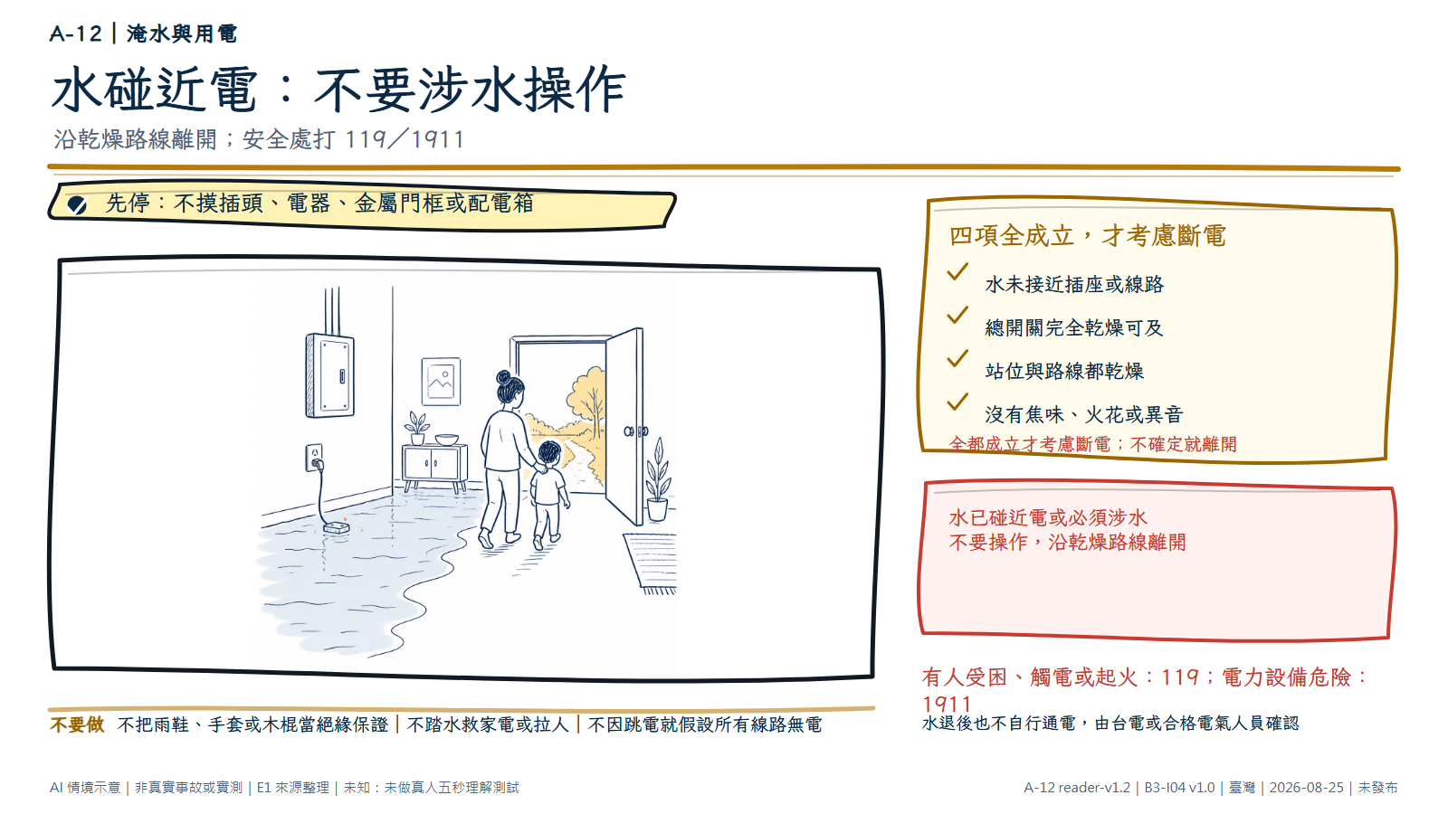 手繪俯視房間左側是接近插座、延長線與配電箱的積水，右側保留乾燥路線；成人帶孩子沿乾燥側走向開啟的室外門，沒有涉水或碰開關。資訊層列出只有水未碰近線路、總開關乾燥可及、站位路線乾燥且沒有焦味火花異音時才考慮斷電；其他情況先離開，在安全處依人員或電力危險打 119 或 1911。圖為 AI 情境示意，不是真實事故或實測。