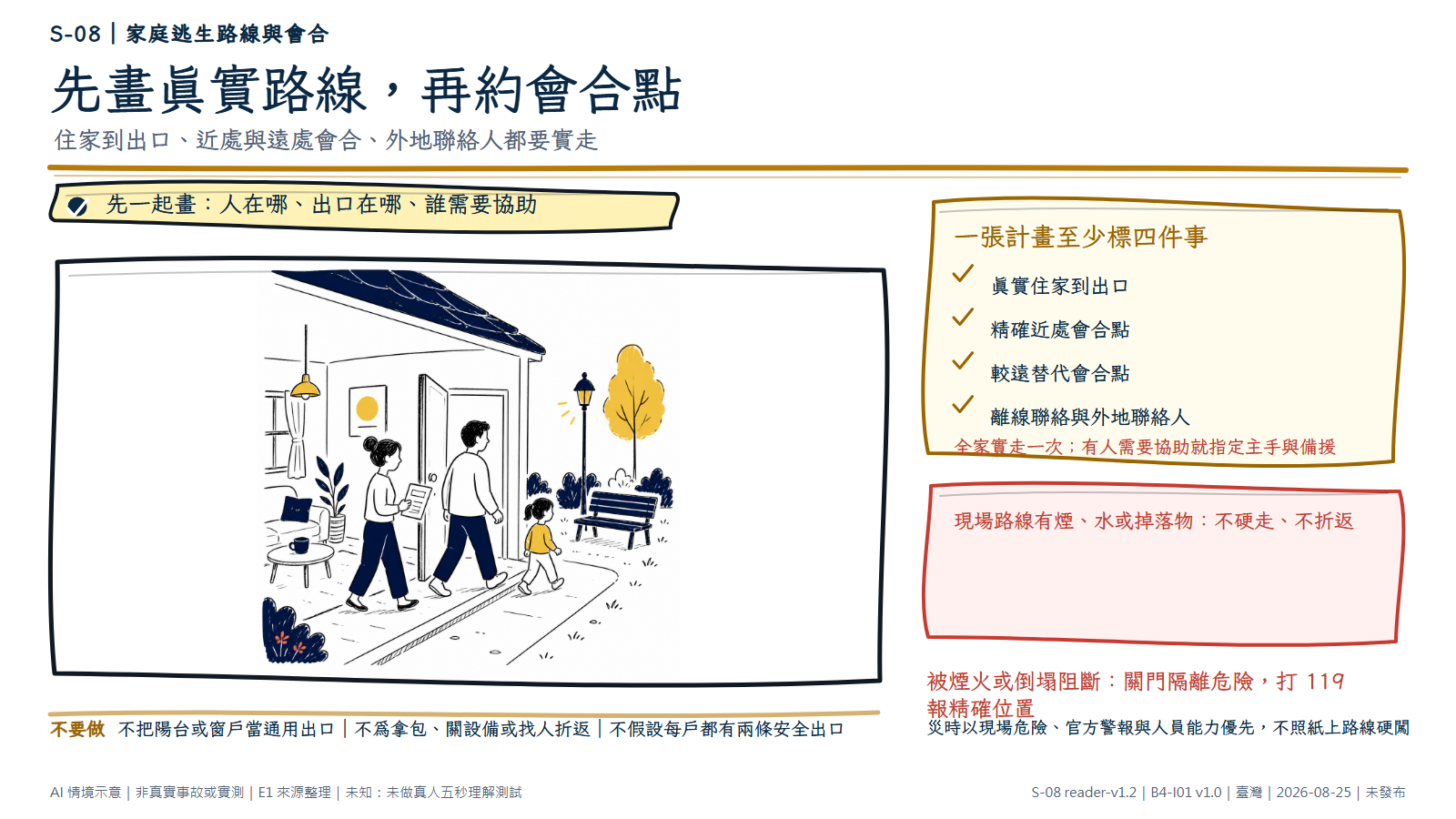 手繪家庭逃生圖顯示兩名成人與一名孩子從住家穿過出口，沿清楚步行方向走到有長椅和路燈的近處會合點；一名成人拿著無字平面圖。資訊層提醒計畫要標真實出口、近遠會合點與外地聯絡，並實走路線；現場有煙、水、掉落物或官方撤離時不硬走、不折返，必要時隔離危險並打 119。圖為 AI 情境示意，不是真實住家勘查或演練。
