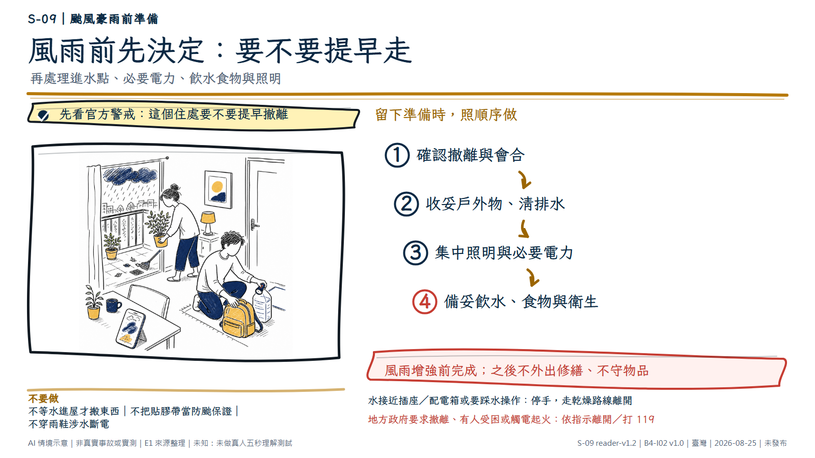手繪圖顯示風雨仍在屋外時,兩名成人已提前把陽台盆栽移入、清理排水區,並把手電筒、飲水與小型避難包集中在出口旁。圖解順序先查官方警戒與撤離,再處理進水點、必要電力、飲食衛生;水接近電氣或必須涉水時停止操作並離開。圖為 AI 情境示意,不是真實風災或防水實測。