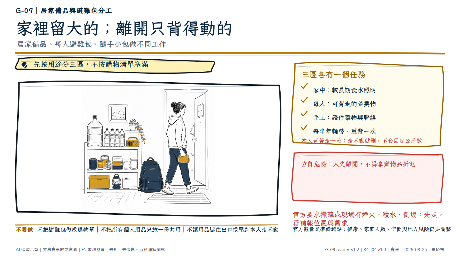 手繪圖在同一玄關呈現三個尺度：架上較大的居家食水和照明備品留在家中，出口旁放可背走的個人背包，一名成人手提很小的隨手包並往門口試走。圖解要求按用途分區、本人實背再減量，立即危險時不為拿齊物品折返。圖為 AI 情境示意，不是商品推薦或負重實測。