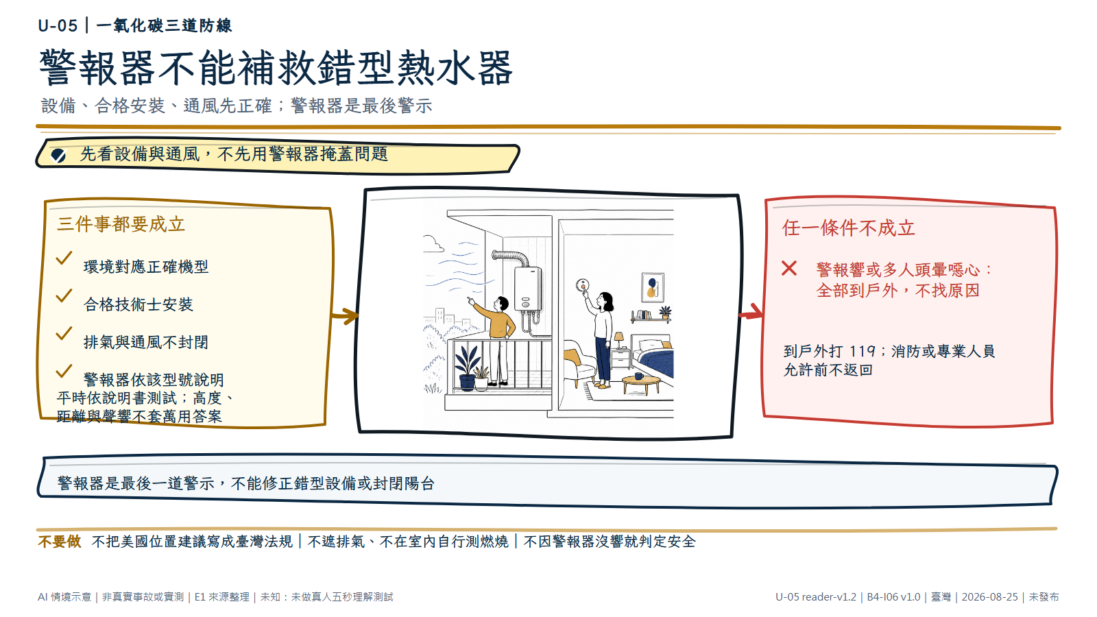 手繪剖面圖左側是一台無品牌熱水器裝在開放、通風未受阻的外部陽台，右側室內有人按測試鍵檢查無品牌一氧化碳警報器。圖解強調先選對設備、合格安裝與保持通風，警報器只是最後警示；警報響或多人不適時全員到戶外打 119。圖為 AI 情境示意，不是安裝認證或設備實測。