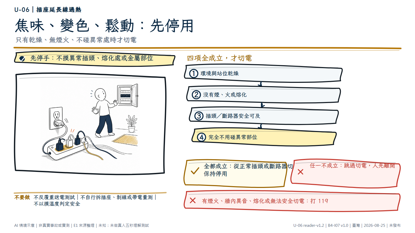 手繪圖顯示延長線與牆壁插座有輕微變色、插頭鬆動及異音線條，一名成人雙手離開異常部位並退向乾燥可及的斷路器。資訊層列出環境乾燥、無煙火、安全可及且不用碰異常處四個切電條件；任一不成立就先離開，有煙火或熔化打 119。圖為 AI 情境示意，不是帶電或溫度實測。