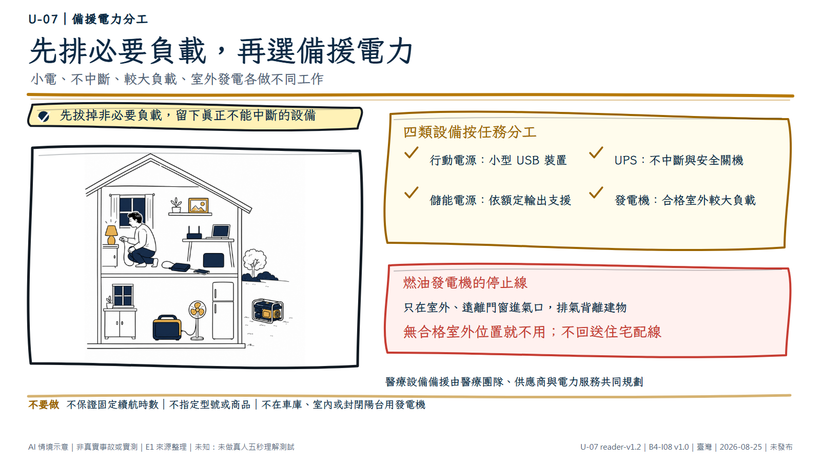 手繪住宅剖面圖顯示人物先拔掉裝飾燈；樓上有手機與小型行動電源、路由器與電腦旁的 UPS，樓下有較大的儲能電源，燃油發電機則獨立放在遠離建物開口的戶外。圖解要求先排必要負載、依型號曲線估算，不承諾固定續航，發電機不在室內也不回送住宅配線。圖為 AI 情境示意，不是產品或續航實測。