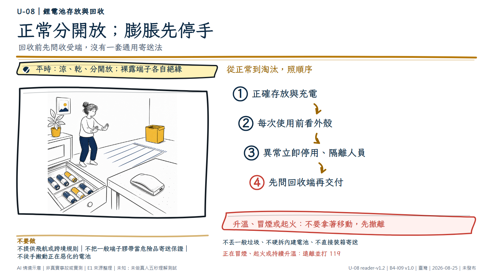 手繪圖前景抽屜內的正常電池分開排列，裸露端子各自以膠帶覆蓋；另一張桌面上的無品牌行動電源外殼明顯膨脹，一名成人雙手張開退後，遠處有空的收集箱。圖解依序說明正常存放、檢查、異常停用與先問回收端；正在升溫、冒煙或起火時不要拿著移動，先撤離打 119。圖為 AI 情境示意，不是回收、運送或燃燒實測。