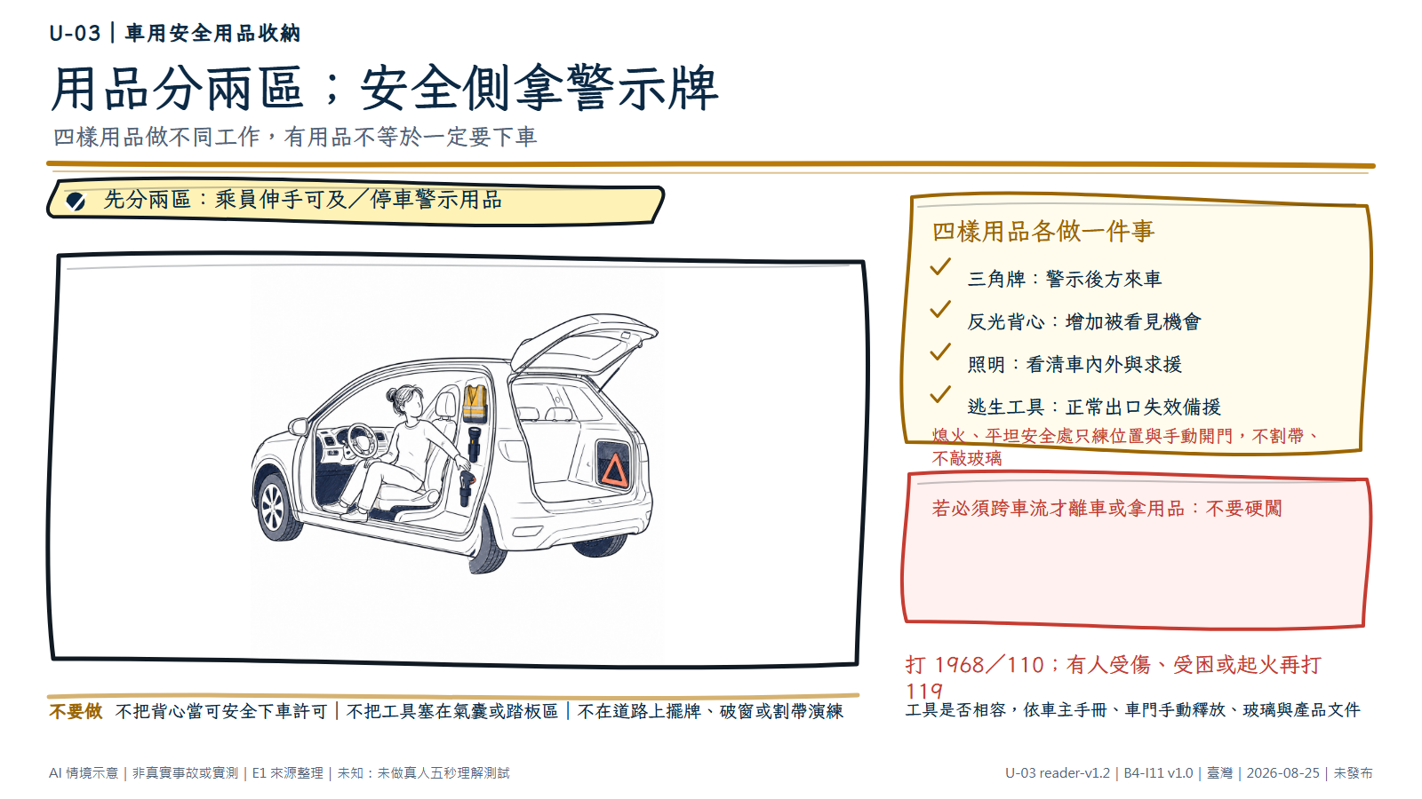 手繪車輛剖面圖顯示一名乘員在座位上確認可及位置：反光背心、手電筒與固定的割帶／破窗工具在車室內且避開踏板與氣囊區；三角警示牌放在後方可從側邊取得的收納區。圖解說明四樣用品不能互代，有用品也不代表一定要下車；必須跨車流時不硬闖，改打 1968 或 110。圖為 AI 情境示意，不是道路、破窗或割帶實測。