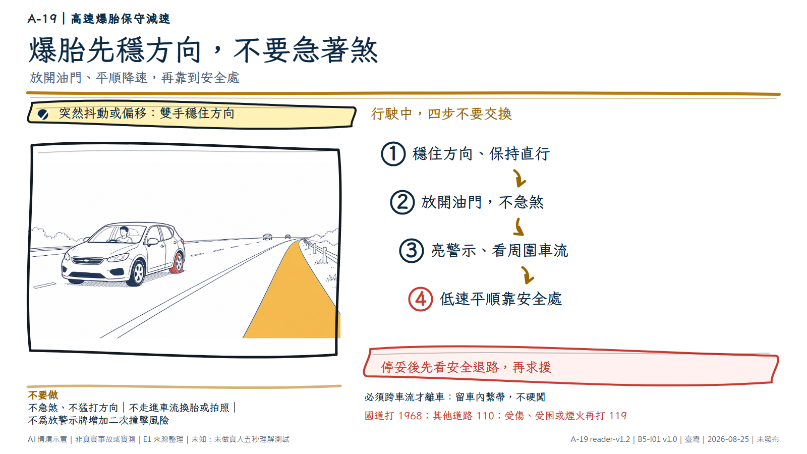 手繪圖顯示一輛無品牌小客車在高速道路保持直行，右後輪明顯洩氣；駕駛坐正並以雙手穩住方向盤，右側有寬廣安全路肩與平順靠邊空間，遠處車流保持距離。資訊層依序寫出穩住方向、放開油門不急煞、亮警示看車流、低速平順靠到安全處；停妥後依能否不跨車流分流並求援。圖為 AI 情境示意，不是真實爆胎、車輛操控或道路實測。
