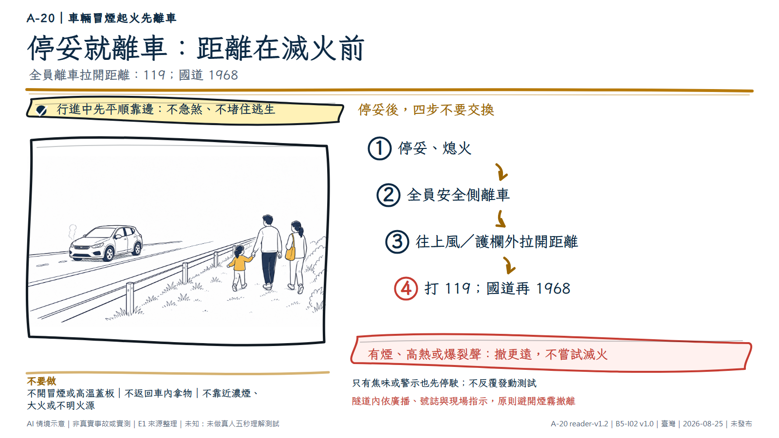 手繪圖左側是一輛停在道路側、車頭冒少量煙的無品牌小客車；右側一名成人帶著孩子和另一名成人，已走到護欄外並繼續遠離車輛，護欄清楚隔開人物與道路。資訊層依序寫出停妥熄火、全員從安全側離車、往上風或護欄外拉開距離、打 119 且國道再打 1968；有高熱、濃煙或爆裂聲就撤更遠，不開蓋、不返回拿物。圖為 AI 情境示意，不是真實車輛事故、商品或滅火實測。