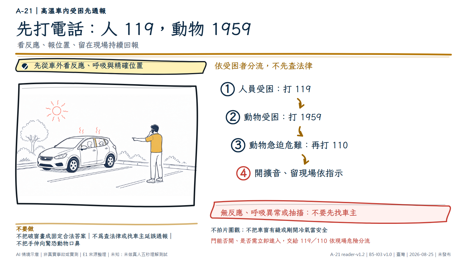 手繪圖顯示一輛停在陽光下的無品牌小客車，後側兩個車窗內分別有簡化的小孩與小狗輪廓；一名成人站在車外安全處打電話並指向車輛，持續留意受困者。資訊層把通報分開：人員打 119，動物打 1959，急迫危難再打 110；開擴音留現場依指示，不先找車主、拍片或查法律，也不把破窗當固定合法答案。圖為 AI 情境示意，不是真實救援、醫療或法律個案。