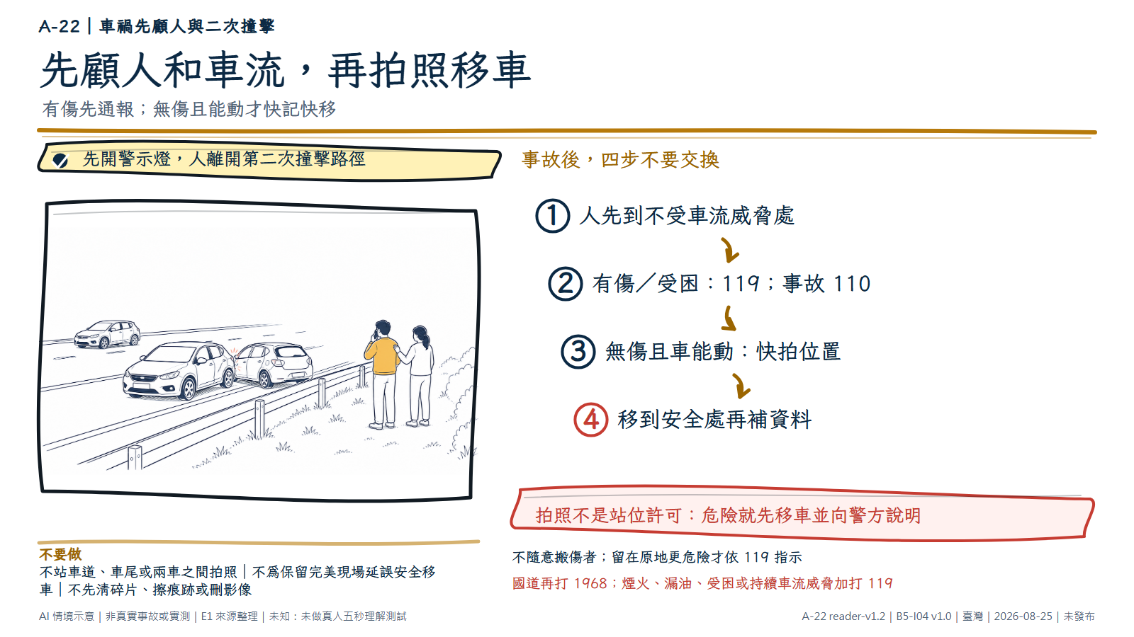 手繪圖左側顯示兩輛無品牌小客車在道路邊發生輕微碰撞，另一輛車在分隔的車道行駛；右側兩名成人已完全站到護欄外，一人打電話，另一人陪同並查看狀況。資訊層依序提醒先離開二次撞擊路徑，有傷、受困、煙火或漏油先打 119／110；確實無人傷亡且車能動才快速記錄並移到安全處。圖為 AI 情境示意，不是真實事故、責任判定或道路實測。
