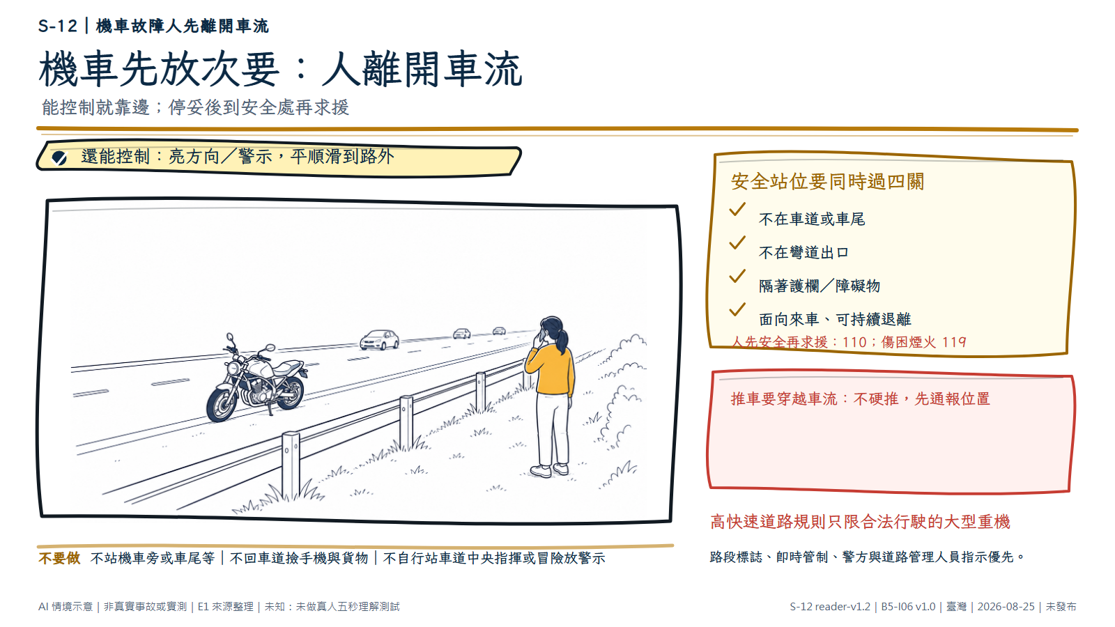 手繪圖顯示一輛無品牌機車停在道路邊，騎士已與機車拉開距離，完全站到護欄外並面向來車方向打電話；道路上有幾輛遠距行駛的車，護欄清楚隔開人物與車流。資訊層提醒機車能控制就先平順靠邊，停妥後人先到安全處再打 110，受傷、受困或煙火打 119；需要穿越車流就不硬推。圖為 AI 情境示意，不是真實道路、機車、事故或警示設置實測。