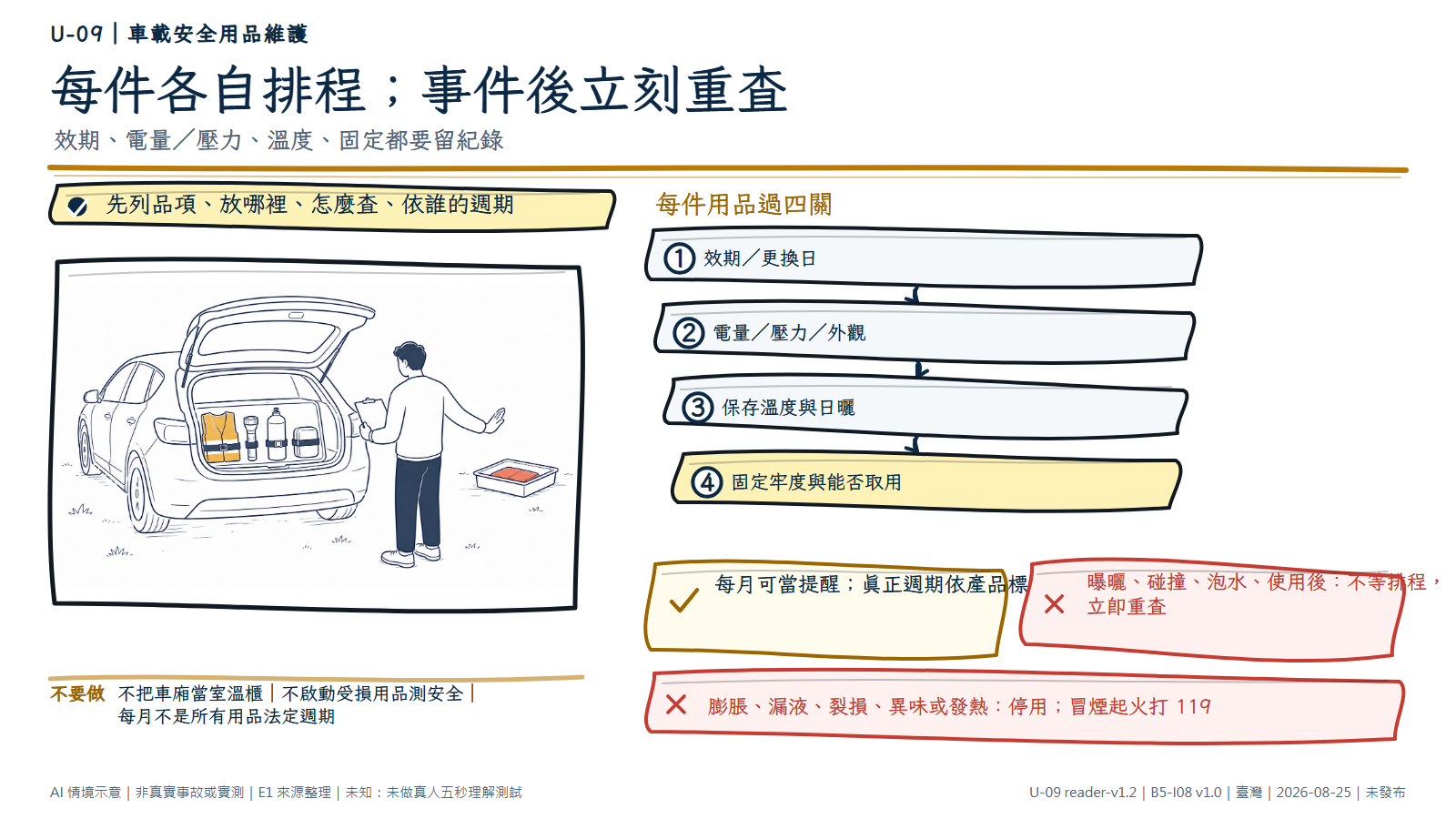 手繪圖顯示一輛停妥的無品牌小客車打開後車廂，少量通用安全用品被固定收納；一名成人站在車外拿無字夾板檢查，另一手朝外停住，與右側托盤中一個無品牌、輕微膨脹變形的扁平電池包保持距離。資訊層要求逐件查效期、電量或壓力、保存溫度與固定；每月只是提醒，曝曬、碰撞、泡水或使用後立即重查，異常用品不再充電或啟動。圖為 AI 情境示意，不是真實商品、耐熱、電量、壓力或功能實測。