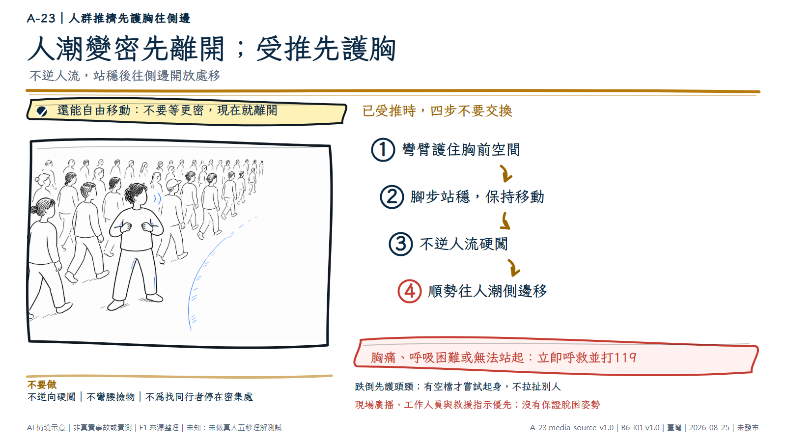 手繪圖中，一名匿名成人站在人群前景，雙肘彎曲、前臂放在胸前保留空間；周圍簡化人物朝同一方向移動，右側留出明顯較空的邊緣。文字依序提醒人潮變密先離開，已受推時護住胸前、站穩、不逆人流並往側邊移；跌倒先護頭頸，呼吸困難或無法站起立即呼救並打119。AI情境示意，非真實事故或人群實測。