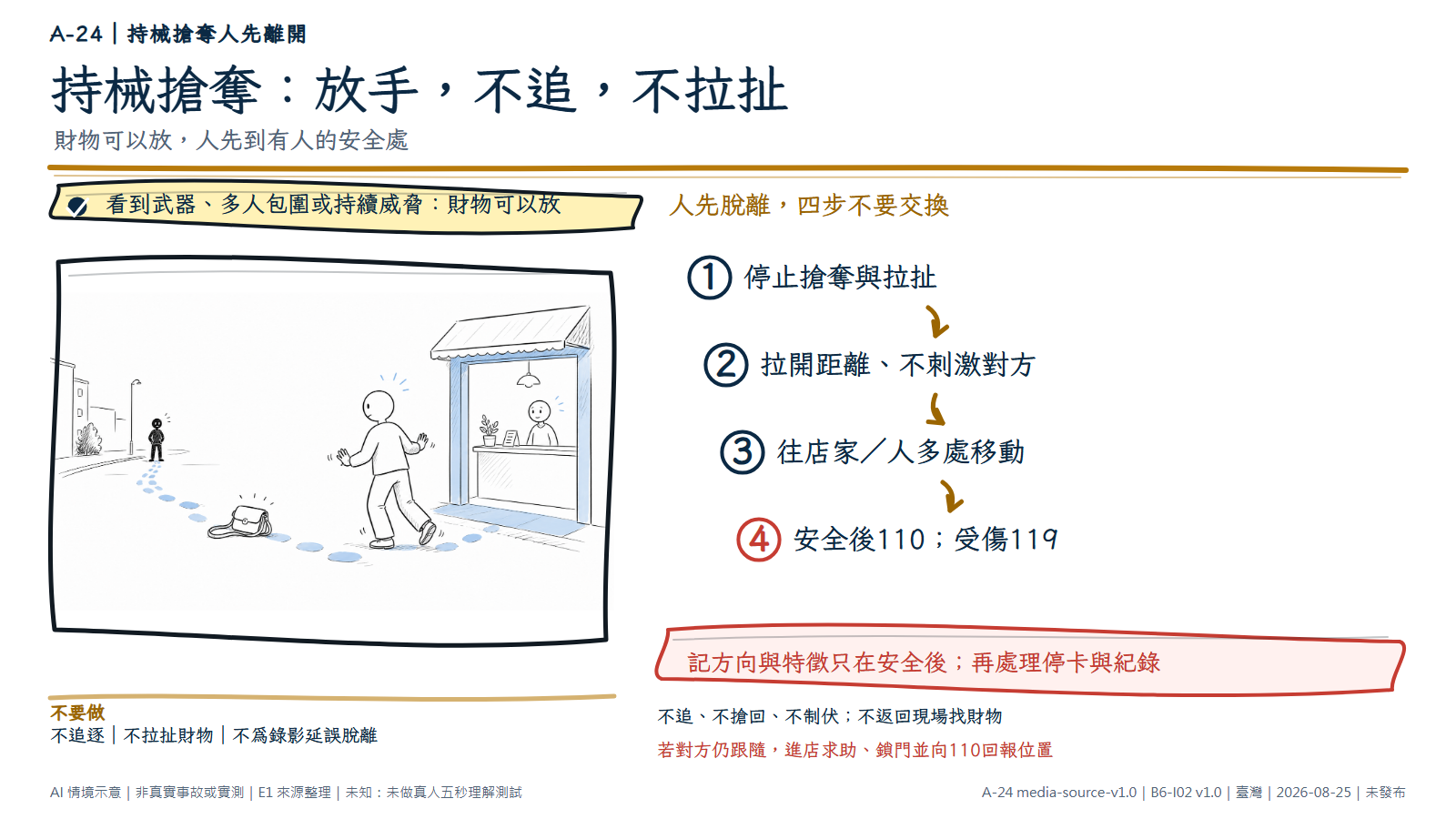 手繪圖顯示一名匿名成人已放下側背包，往右側有工作人員的明亮店家後退；遠處只留一個小型威脅者輪廓，不呈現刺激性武器特寫。文字提醒停止拉扯、拉開距離、到有人的地方，安全後110，受傷先119；不追、不搶回、不制伏。AI情境示意，非真實案件、武術或執法示範。