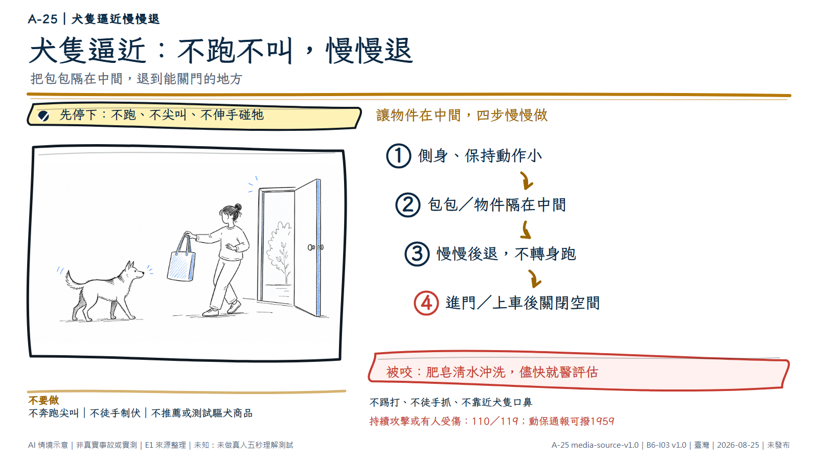 手繪圖顯示一名匿名成人側身、以手提包隔在自己與一隻警覺犬隻之間，腳步小幅往右側開啟的門後退；犬隻沒有咬人，人物沒有跑、踢或伸手碰犬。文字提醒物件隔開、慢慢退到可關閉空間；被咬沖洗並就醫，持續攻擊或有人受傷求援。AI情境示意，非動物行為、醫療或商品實測。
