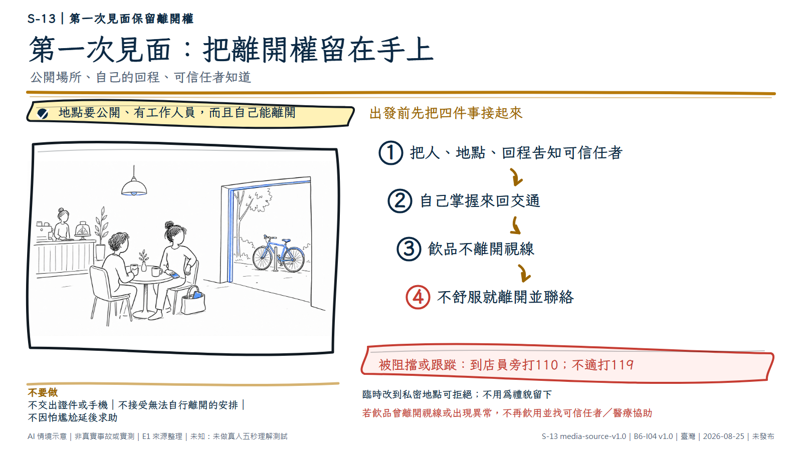 手繪圖顯示兩名匿名成人在有店員的公開咖啡店見面；主角坐在靠近右側大出口的位置，手機與包包在手邊，出口外只有一輛自行車作為自己的回程。文字提醒告知可信任者、自己掌握交通、飲品不離視線，不舒服就離開；被阻擋或威脅到店員旁並打110。AI情境示意，非真實約會或安全保證。