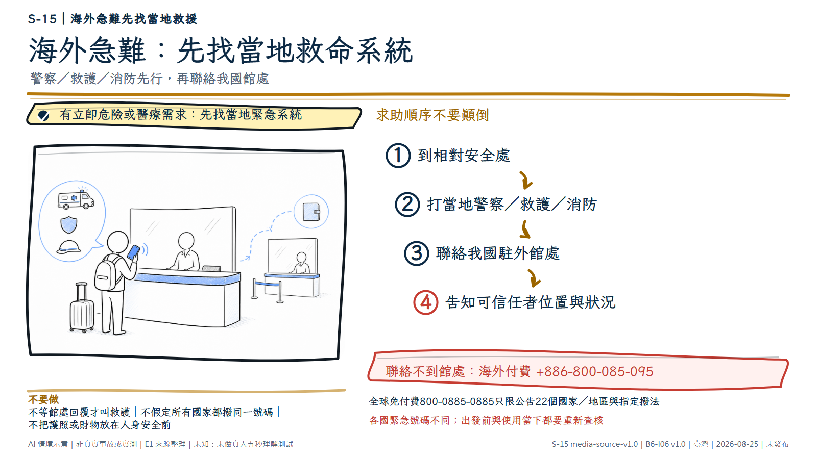 手繪圖顯示一名匿名旅人站在公共服務櫃檯前用手機求助；左側氣泡有救護車、一般盾牌與消防帽等泛用當地救援物件，右後方較小窗口與護照夾代表後續駐外館處交接。文字強調先當地緊急系統，再館處與可信任者；外交部海外付費備援號碼與免付費限制另列。AI情境示意，非真實館處、國家或救援實測。