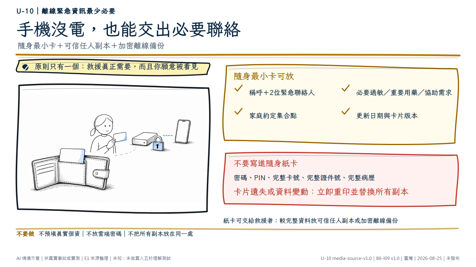 手繪圖以前景打開的皮夾和空白小卡為主，中景可信任者手拿第二張空白副本，後方是一個有鎖頭的離線儲存裝置，與手機以斷線分開。文字列出最小卡可放稱呼、兩位聯絡人、必要健康資訊、集合點與更新日期；不要寫密碼、PIN、完整卡號、完整證件號或完整病歷。另交A4黑白空白表，AI情境示意，未預填個資。