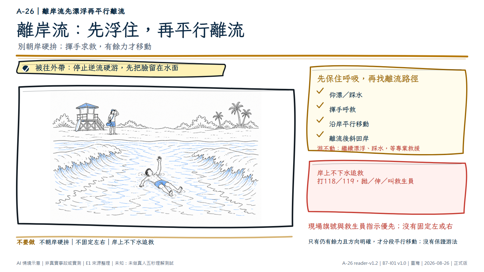 手繪海灘情境中，岸線兩側有碎浪，中間狹長較平靜水流把一名匿名泳者帶離岸邊；泳者仰漂保住呼吸並舉手求救，岸上救生員注意到他。可編輯路徑依序標示先漂浮、求救、有餘力才沿岸平行移出水流，再斜回岸；游不動就繼續漂浮等待救援。AI情境示意，非真實事故或水域實測。