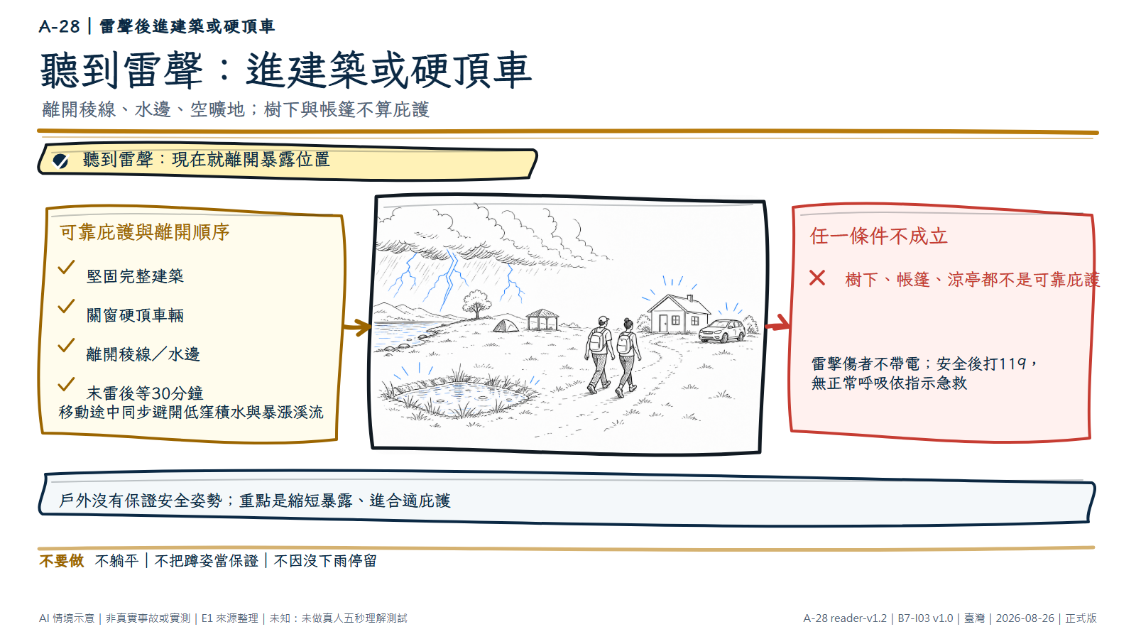 手繪戶外雷雨情境中，雷電位於稜線、水邊、孤立樹、帳篷與涼亭一側，兩名匿名旅人正離開暴露區，走向另一側的堅固建築與關窗硬頂車；低窪積水另被保留為第二危險。文字提醒最後一聲雷後等30分鐘。AI情境示意，非真實雷擊事故或庇護測試。