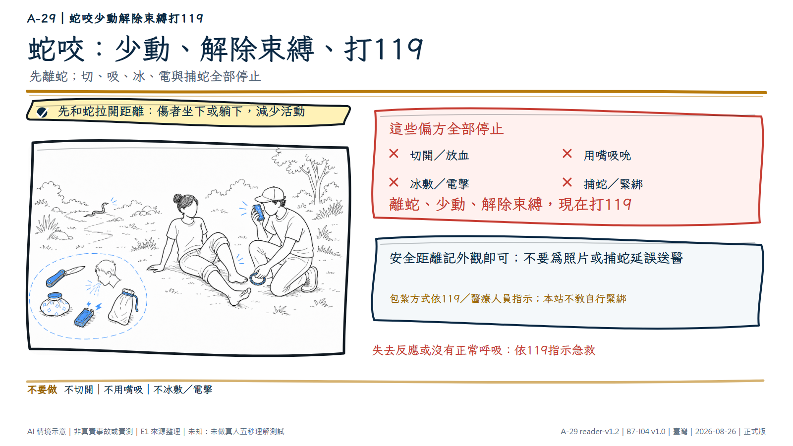 手繪戶外情境中，非特定小蛇已在遠處離開；一名匿名傷者坐著保持腿部少動，同行者正在移除腳踝束縛物並打電話求援。旁邊縮小呈現刀、吸吮、冰袋、電擊器與捕蛇袋等停用偏方。文字要求立即打119，不捕蛇、不自行緊綁。AI情境示意，非真實蛇咬或醫療示範。