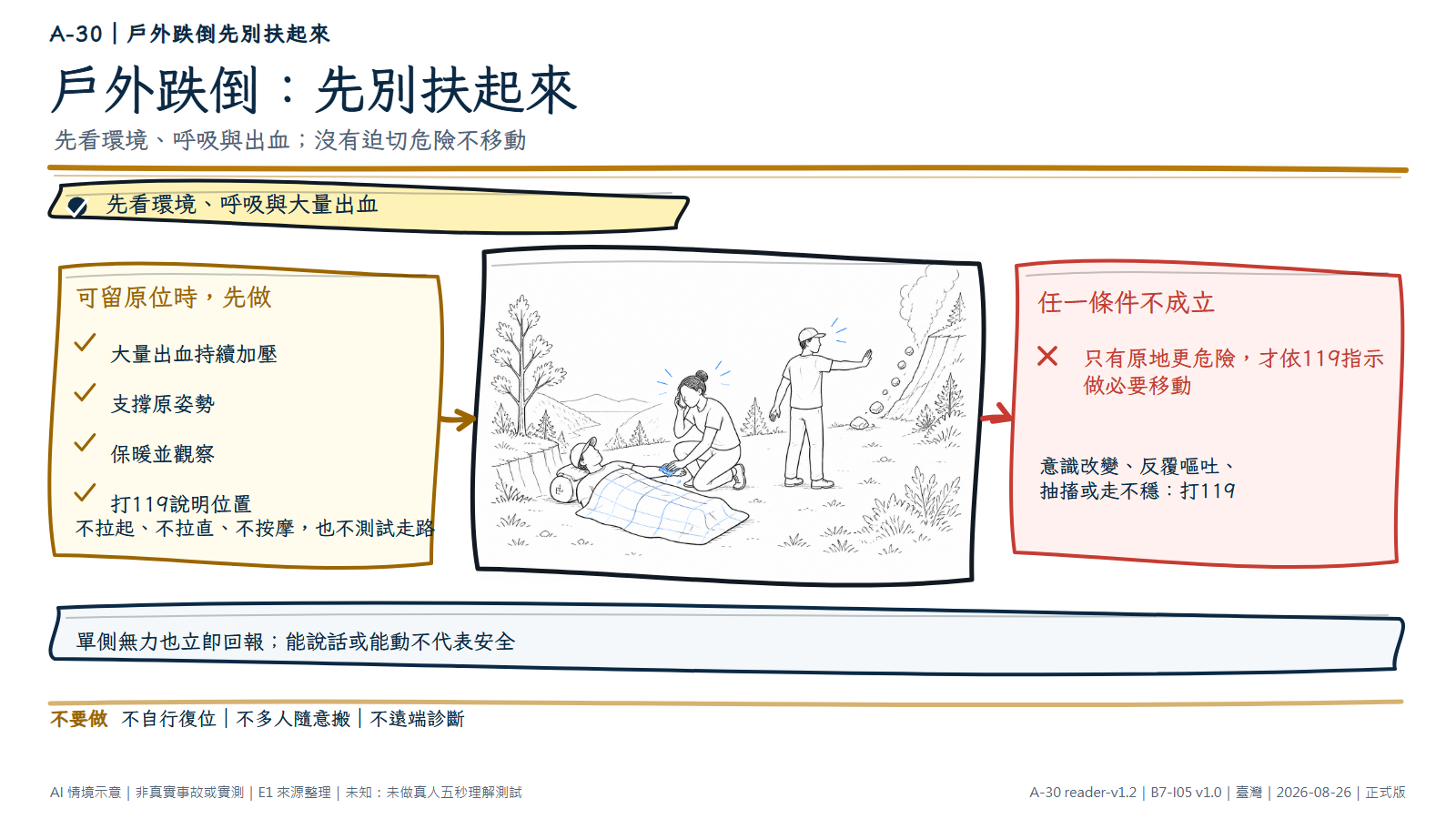 手繪山徑情境中，一名匿名傷者維持原姿勢躺著並蓋保暖毯，同行者檢查呼吸、對出血處加壓並打119；另一人阻止旁人靠近。遠處落石與煙表示只有原地更危險時才考慮必要移動。文字禁止拉起、拉直、按摩或測試走路。AI情境示意，非真實事故、診斷或搬運實測。