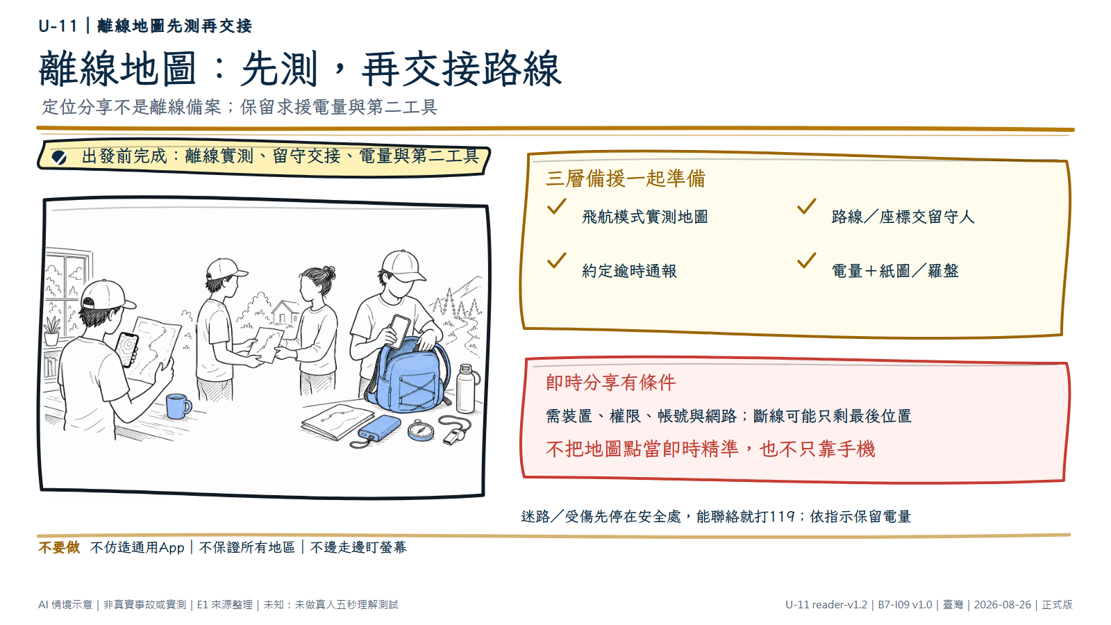 手繪三段連續情境中，匿名旅人在家用只有抽象地形線的無品牌手機對照紙本路線，接著把無字路線紙交給留守人，最後將手機、行動電源、紙圖、羅盤與哨子一起裝入背包。可編輯文字要求離線實測、交接逾時處理並保留求援電量；即時位置分享受網路與版本限制。AI情境示意，非真實App、精準定位或設備實測。
