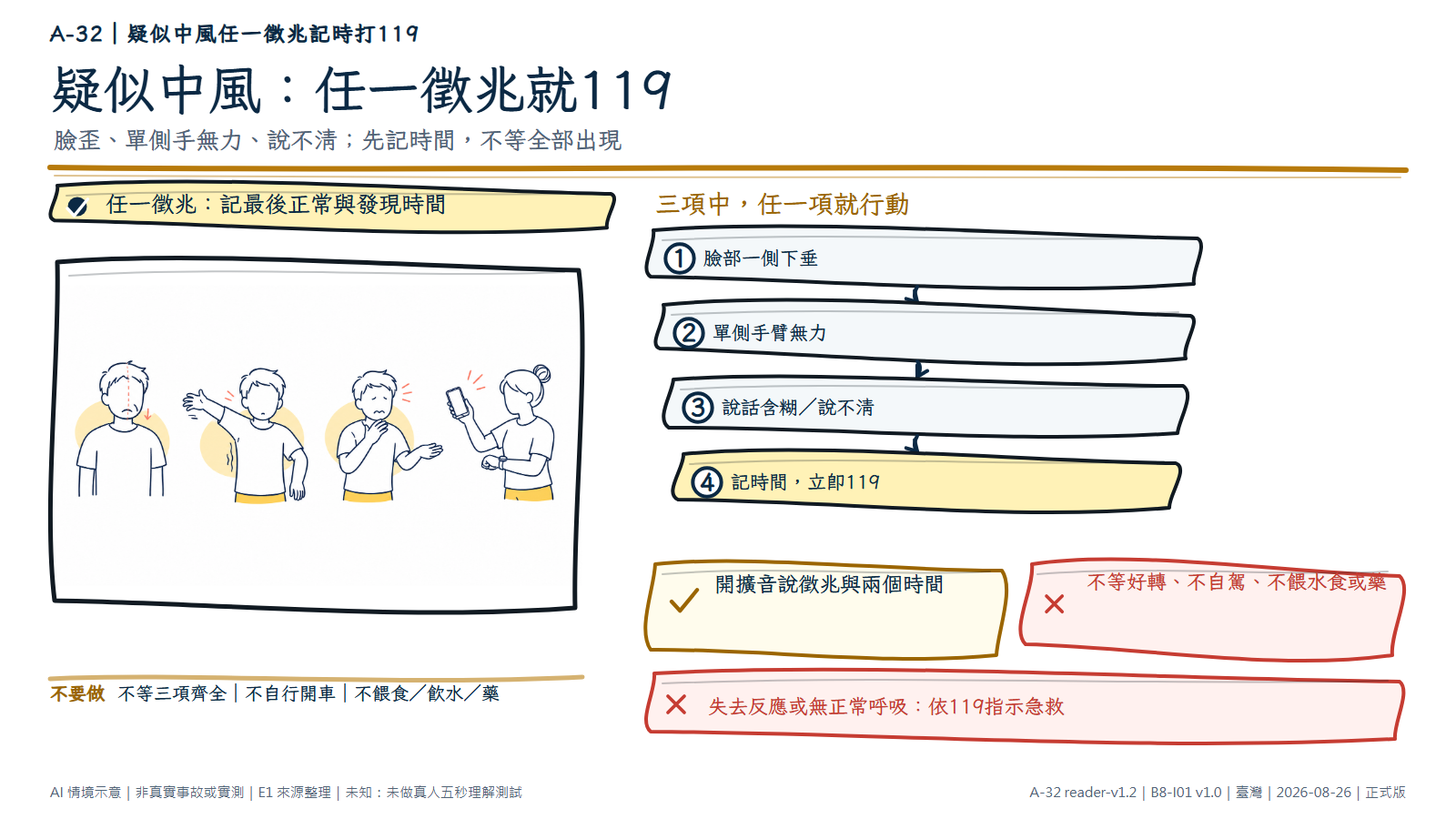 手繪四段情境呈現匿名成人臉部一側下垂、單側手臂無力、說話困難，以及協助者拿無字手機並看時間。文字層說明任一徵兆就記最後正常與發現時間並打119。AI情境示意，非真實患者或診斷。