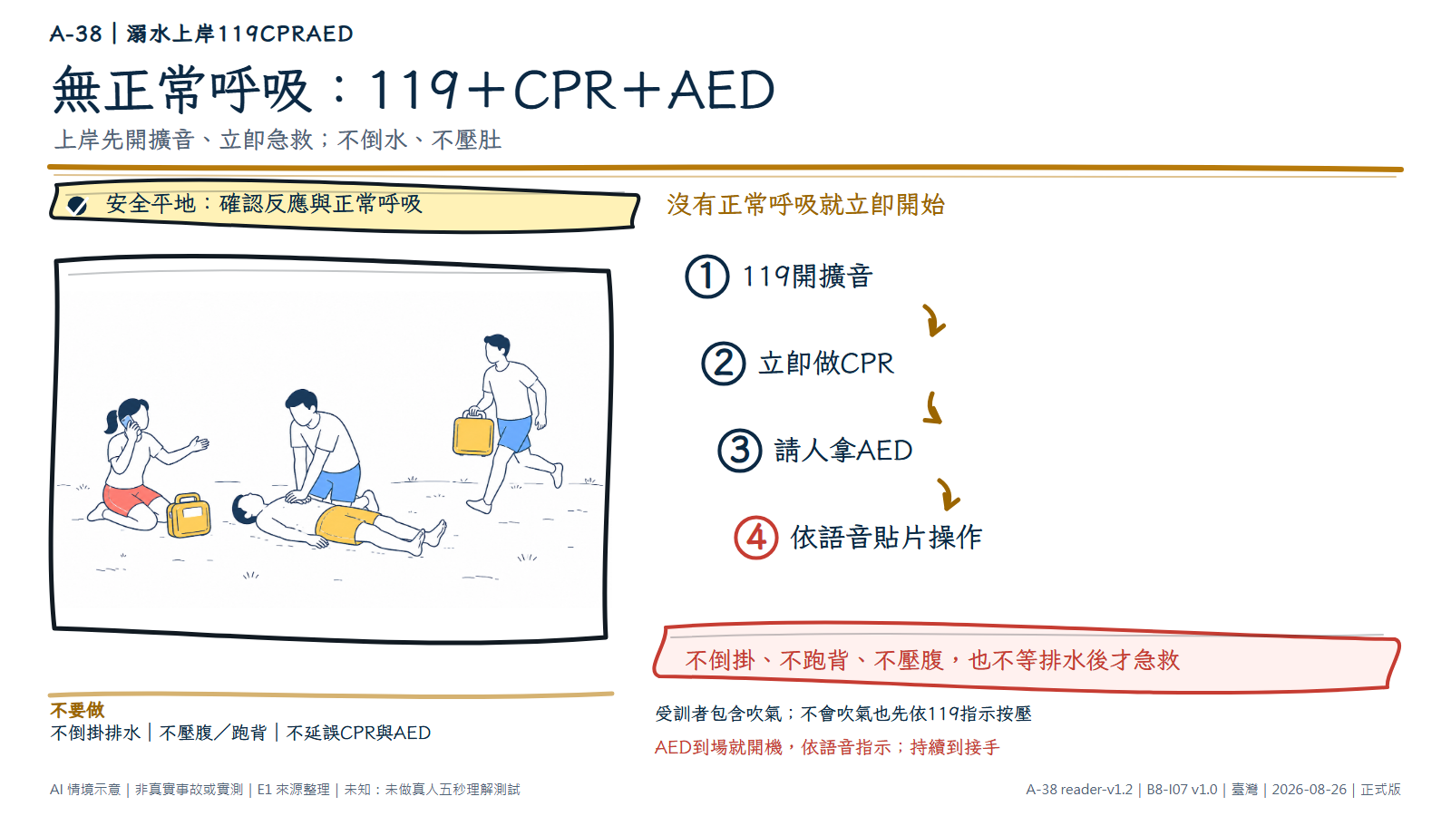 匿名成人仰躺在平坦岸上，協助者以伸直手臂做胸外按壓；另一人用無字手機開擴音，第三人帶來無品牌AED箱。文字依序標示119、CPR、AED，禁止倒掛與壓腹排水。AI情境示意。