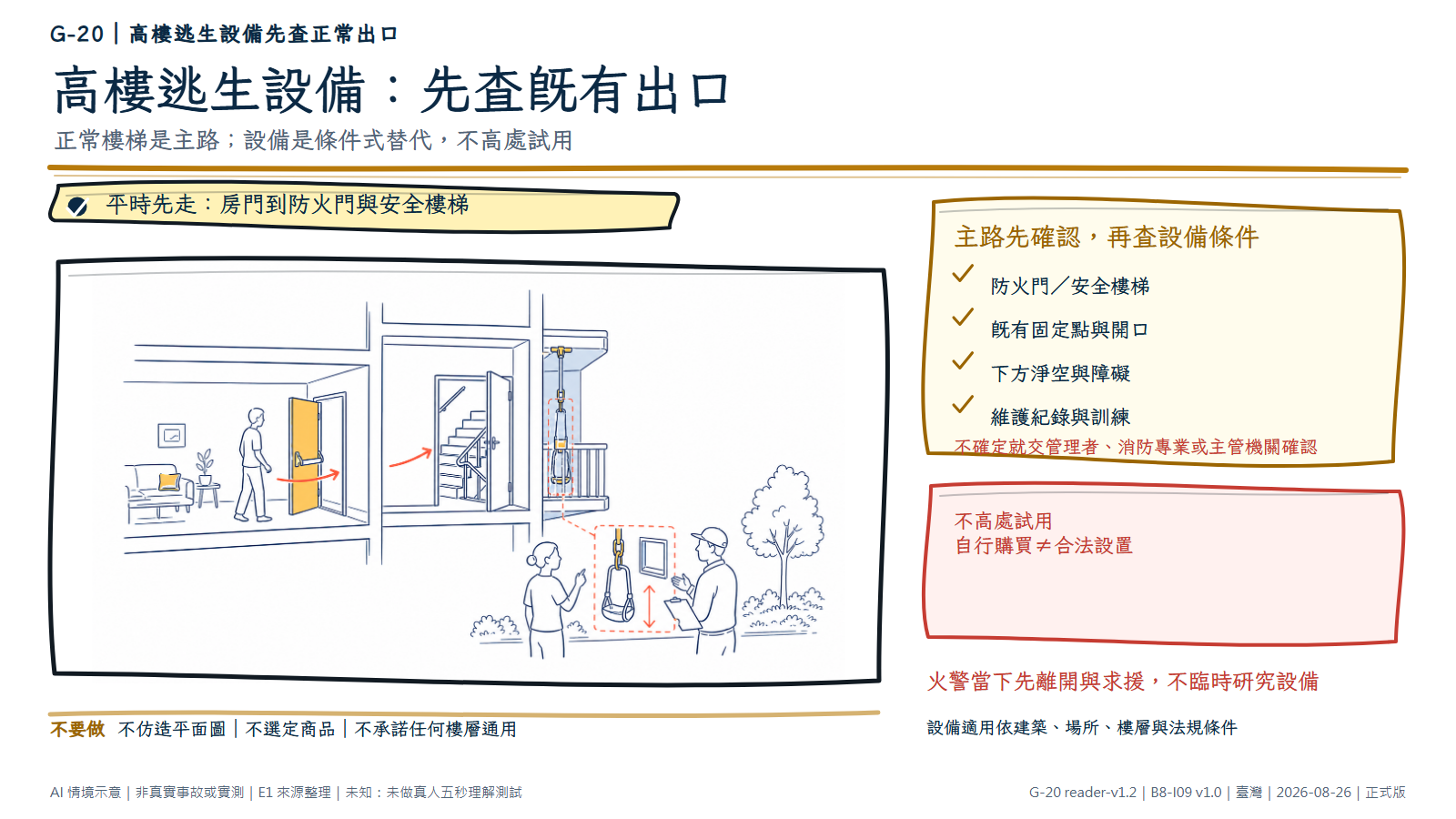 高樓剖面中，住戶由房間沿主路通往防火門與安全樓梯；陽台另有次要通用避難器具。安全地面上，住戶與管理者檢查固定點、開口與淨空，沒有人從高處下降。AI情境示意，非特定建築或商品。