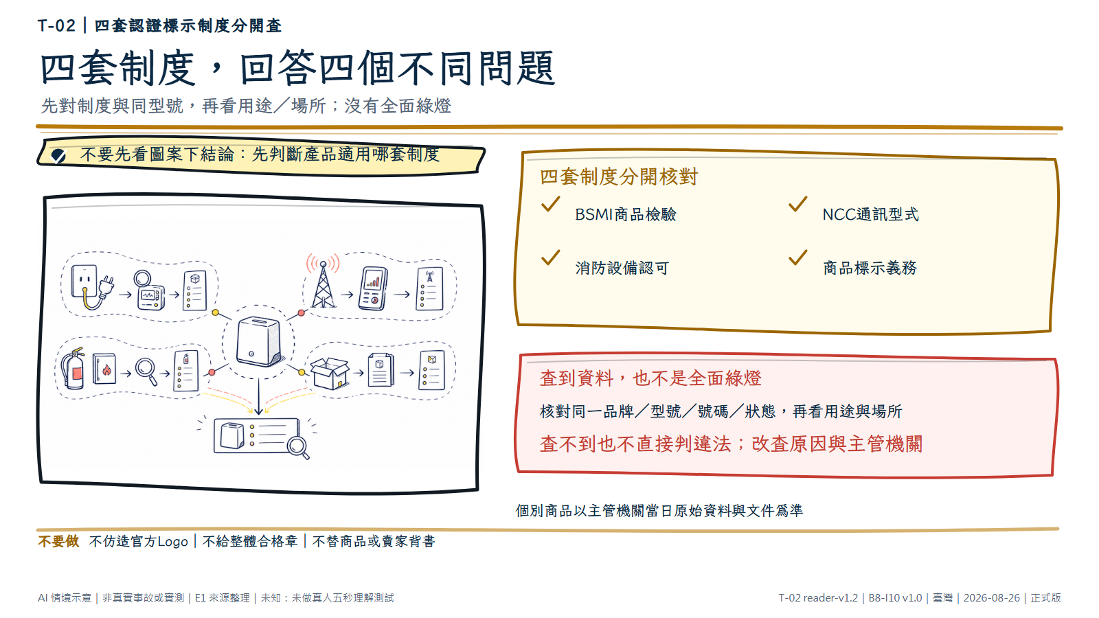 無字手繪概念圖以一件無品牌產品為中心，分別連到插頭檢驗、通訊電波、消防設備與商品標示四條路徑，再匯回同一產品資料核對。文字層要求分制度、核同型號與狀態，沒有全面綠燈。AI情境示意。