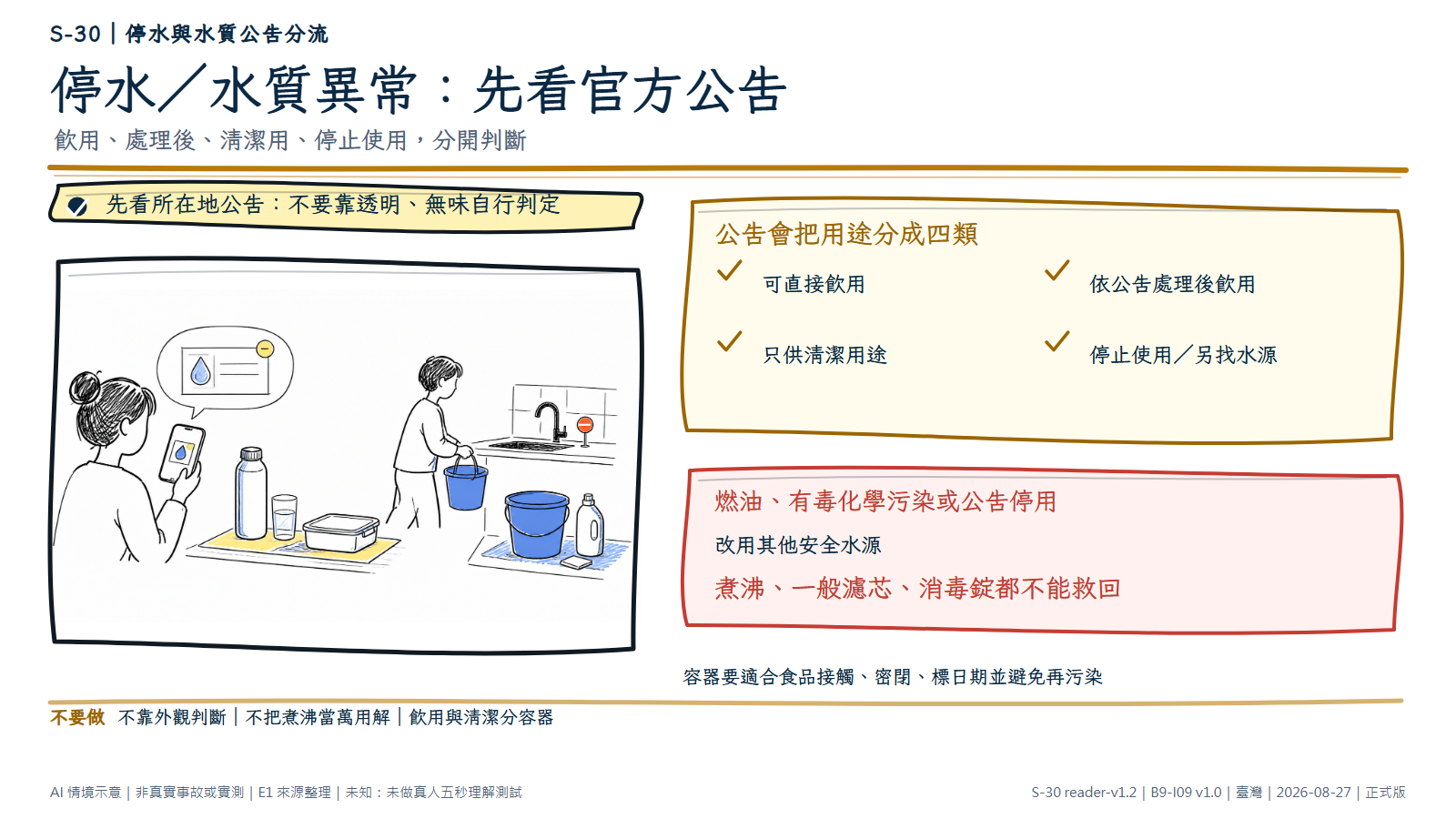 手繪居家情境顯示一名成人查看只有水滴圖形的無字公告，桌上密閉飲用水容器與杯子放在黃色區，另一人把清潔用水桶放在藍色區，水龍頭旁有停用提示。文字層要求先看所在地公告，分開飲用、處理、清潔或停止使用。AI情境示意，非水質實測。