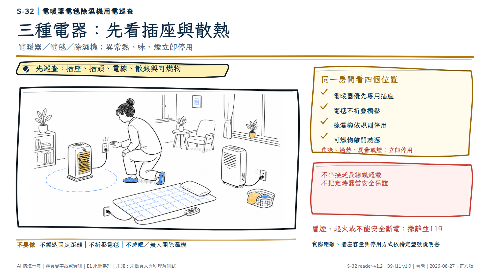 手繪房間中，一名成人巡查直接接牆上插座的電暖器，旁邊展平的電熱毯沒有折壓，除濕機與可燃衣物分開放置。文字層列出插座、散熱、可燃物及睡眠或離開前停用條件，異常熱、味、煙立即停用。AI情境示意，非用電實測。