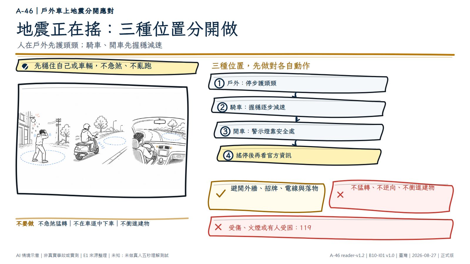 手繪三段情境。左側行人停步護住頭頸並避開外牆落物;中間機車騎士握穩並逐步減速靠向開闊安全區;右側從車內看見駕駛握穩方向、開警示燈並靠向安全路側。文字層分開說明三種位置的動作,搖停後再看官方資訊。AI情境示意,非道路、車輛或地震實測。