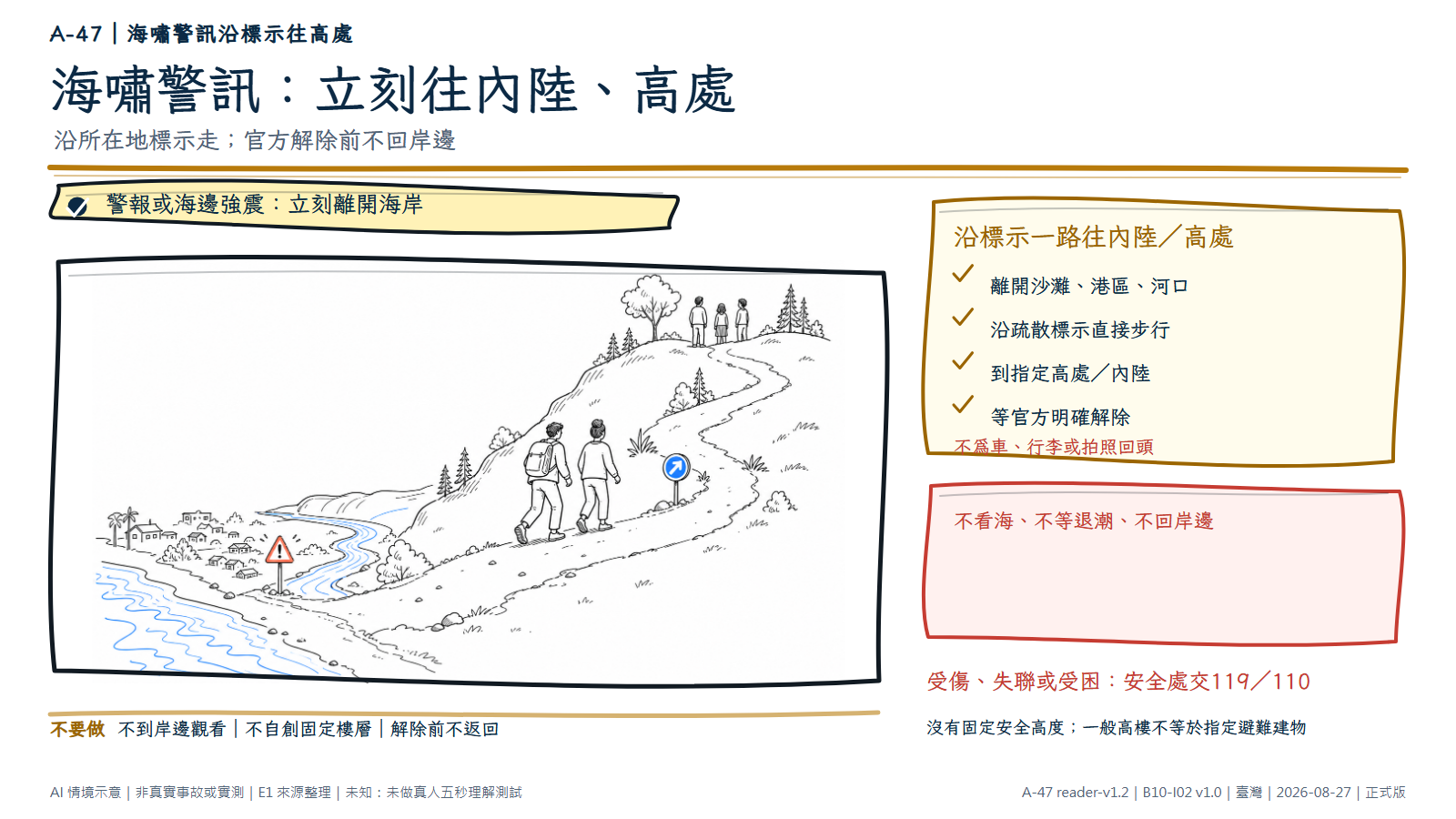 手繪海岸空間圖。低處可見海岸、河口與聚落,兩名成人沿明顯上坡路線往內陸高地移動;高處有等待中的人。文字層要求沿所在地疏散標示離岸,官方解除前不返回,沒有適用所有地點的固定安全高度。AI情境示意,非特定海岸安全保證。