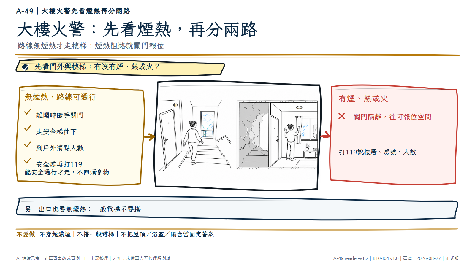手繪雙分支情境。左側是無煙的公寓走廊與安全梯，一名成人關門後沿樓梯往下與戶外移動；右側用剖面顯示濃煙停在關閉房門外，室內成人留在乾淨空間的窗邊，用無字手機向外求救。文字層說明先看煙熱，能安全通行才走樓梯；煙熱阻路就關門隔離並打119報樓層、房號與人數。AI情境示意，非真實事故或個別大樓安全保證。