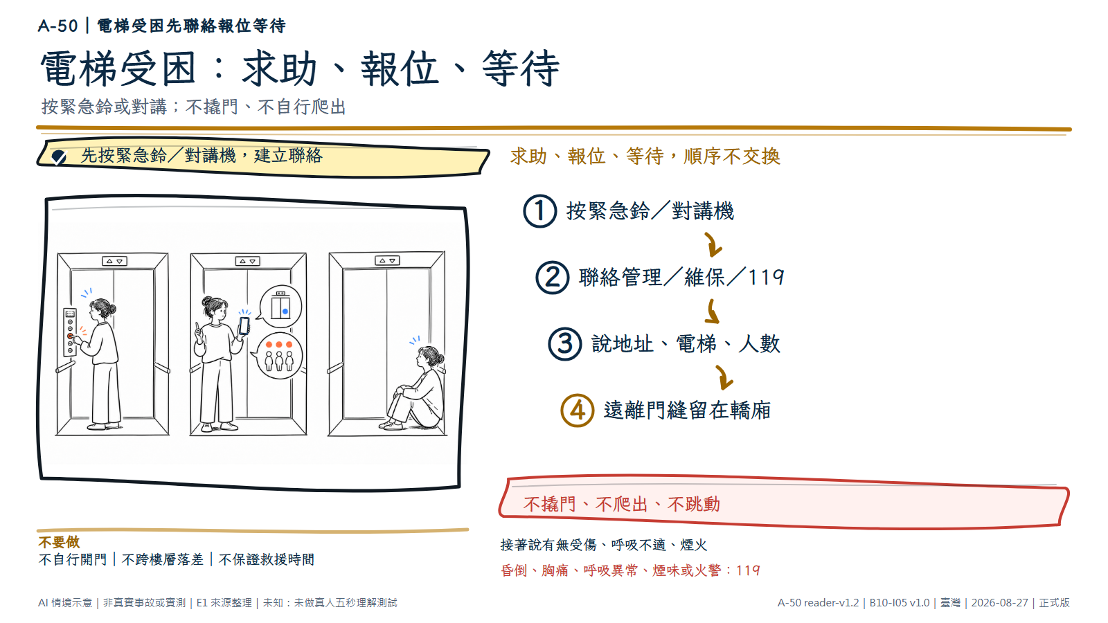 手繪三格電梯情境。第一格成人按下緊急按鈕;第二格拿無字手機並以圖像說明所在電梯與受困人數;第三格遠離關閉的門坐下等待。文字層要求求助、報位、留在轎廂,不撬門、不爬出,急症或煙火打119。AI情境示意,非設備或救援實測。