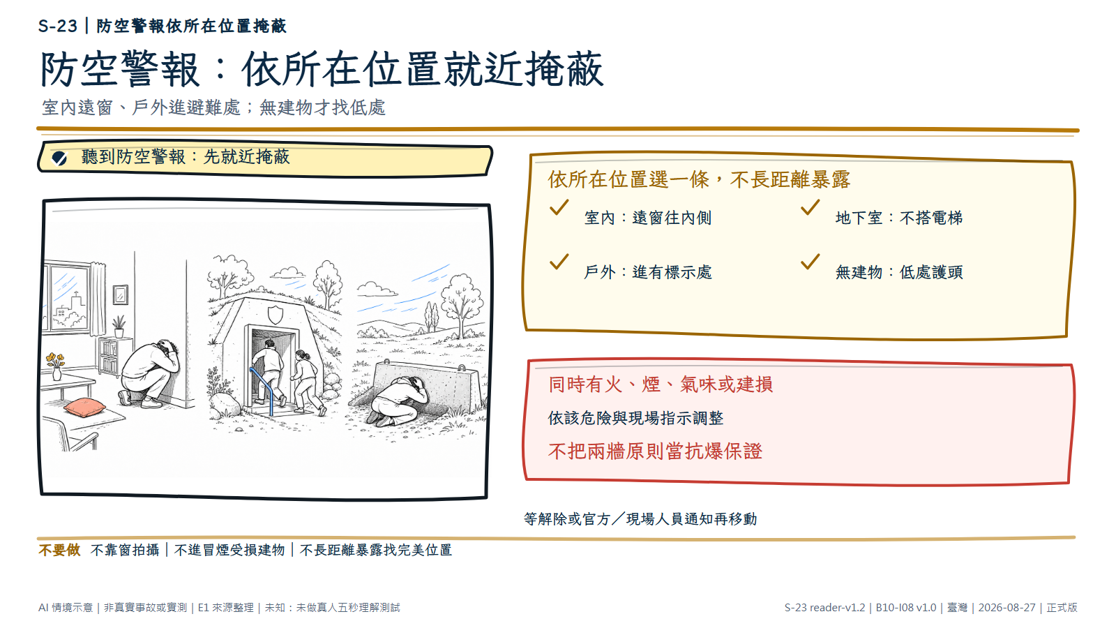 手繪三段防空掩蔽。室內成人遠離窗戶在內側牆後護頭；戶外兩人進入有空白盾牌符號的堅固避難入口；沒有建物時，成人在低矮堅固屏障後壓低身體並護住頭頸。文字層另保留火、煙、氣味與建損例外。AI情境示意，非特定建物抗爆保證或戰術圖。