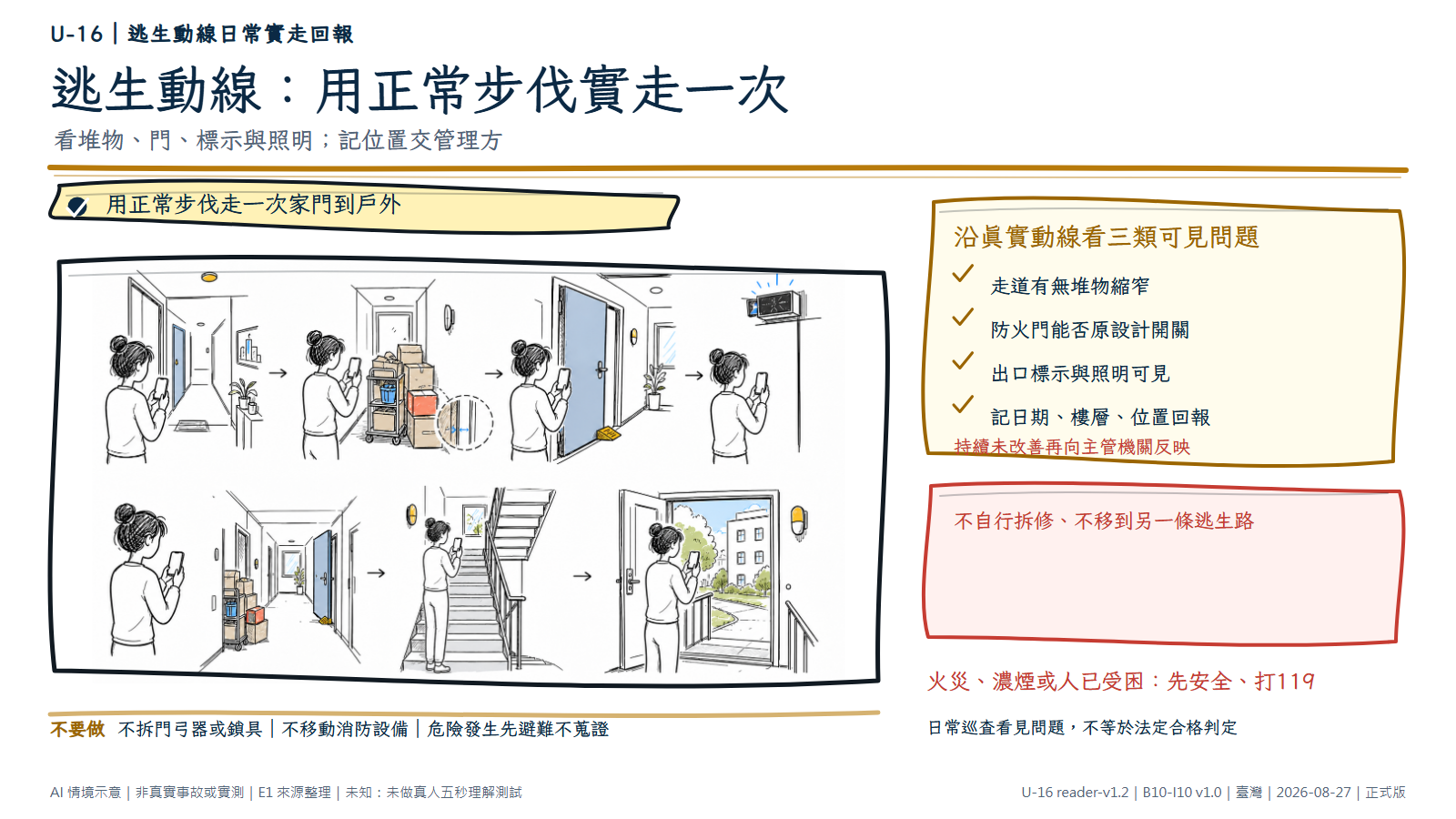 手繪走道與樓梯巡查序列。住戶持無字手機沿家門、公共走道、防火門、樓梯與戶外出口行走,依序看見推車紙箱縮窄走道、門被楔住,以及被遮住或不亮的出口標示;只記錄,不拆修或搬動設備。AI情境示意,非消防檢查或合格認證。