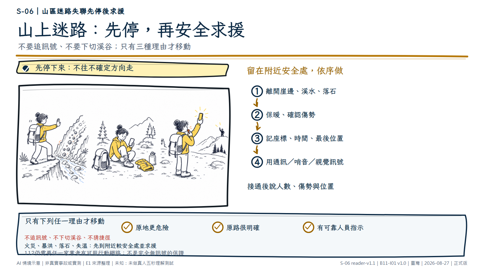 白底鬆線手繪三段情境。左側同一名登山者在岔路停下，抬手並退離崖邊、溪谷與落石坡；中間在平坦安全處保暖、檢查腳踝並用空白手機記位置；右側留在安全處吹哨並舉起燈光，遠方有人接收到訊號。文字層要求先停、避險、保暖記位置再求援；只有原地更危險、原路明確或有可靠指示才移動。AI情境示意，非真實事故、通訊或救援實測。