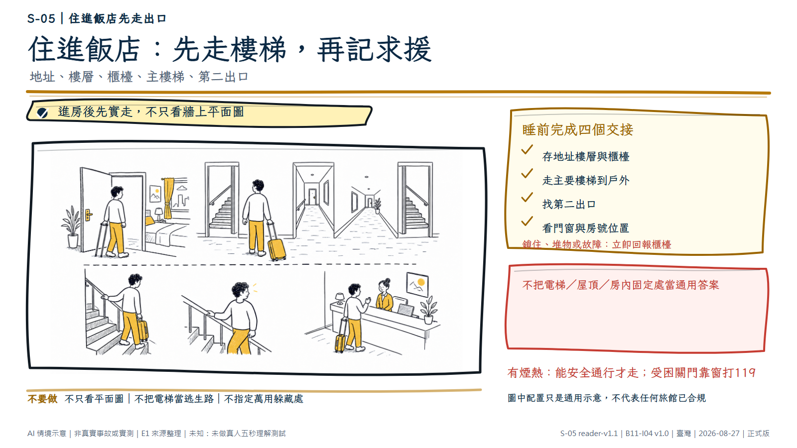 白底鬆線手繪一座無品牌旅館剖面，房間、櫃檯、主要樓梯與第二樓梯清楚分開，旅客從房門實走至戶外並向櫃檯確認。文字層要求保存地址樓層、走主樓梯、找第二出口及看門窗房號；有煙熱時只有路線可安全通行才走。AI情境示意，不代表任何真實旅館配置或消防合規。