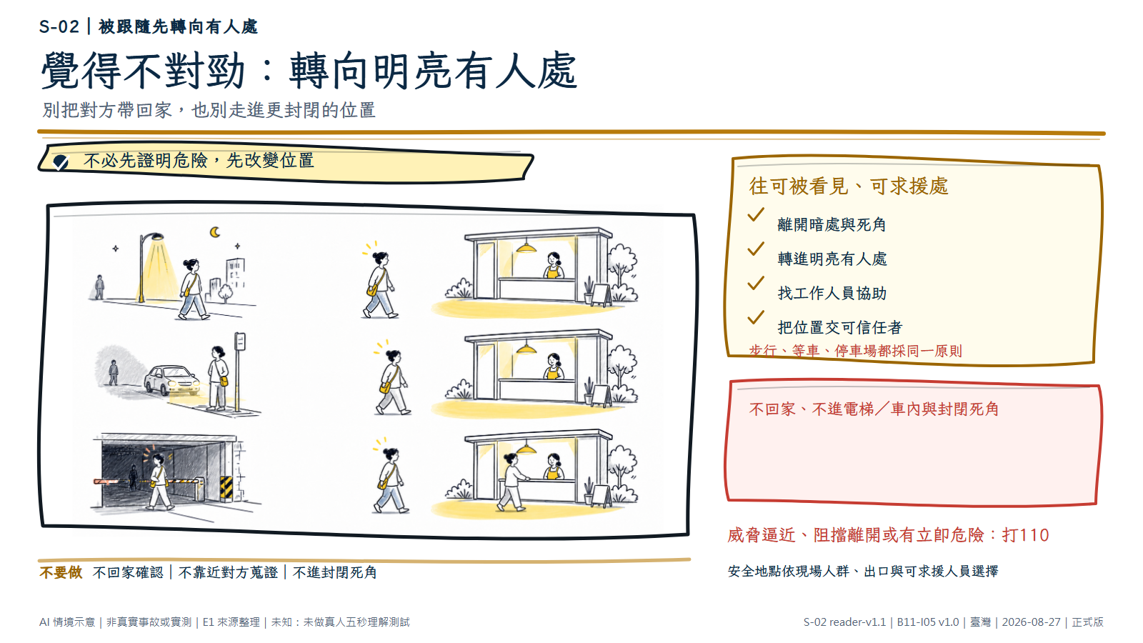 白底鬆線手繪三個夜間無字情境：步行、等車與停車場中的主角察覺後方有人，立即轉向明亮、有工作人員的服務處，跟隨者保持距離。文字層要求先改變位置、找工作人員並分享位置，威脅逼近打110。AI情境示意，非真實案件或道路測試。